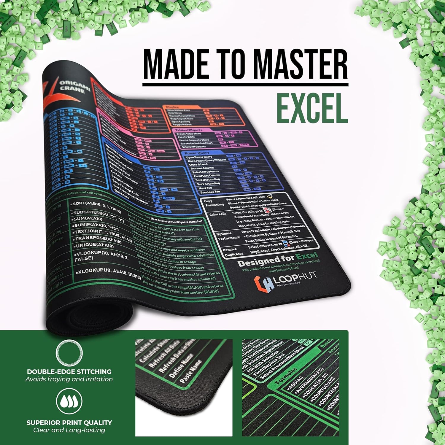 Excel Shortcut Keys Mousepad Extra Large Mouse Mat | 31.5x15.75in XL | Non-Slip Rubber Base | Durable Stitched Edge