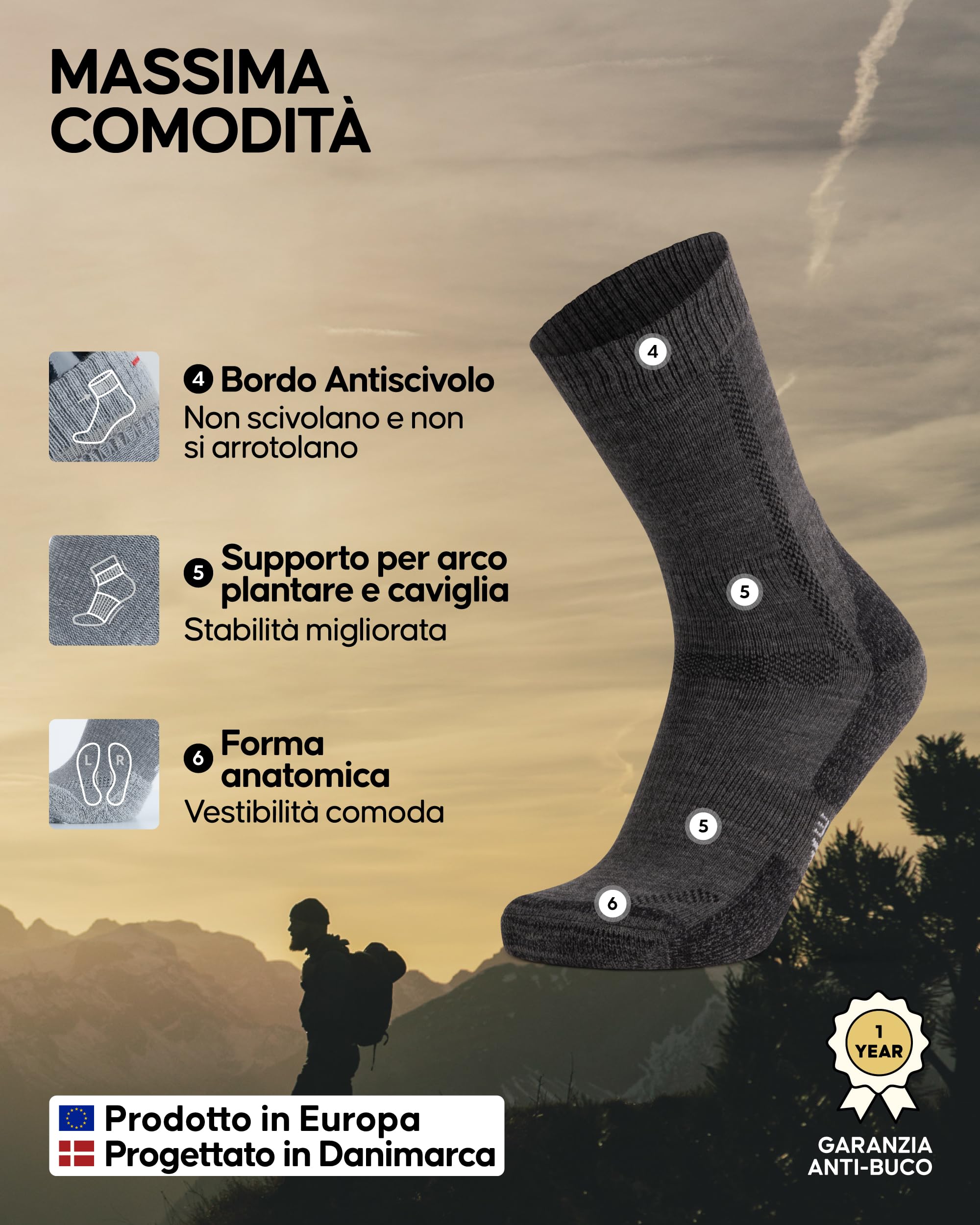 DANISH ENDURANCE Calze Trekking in Lana Merino, Anti-Vesciche, Calzini Escursionismo da Uomo, Donna, Bambino, 3 Paia