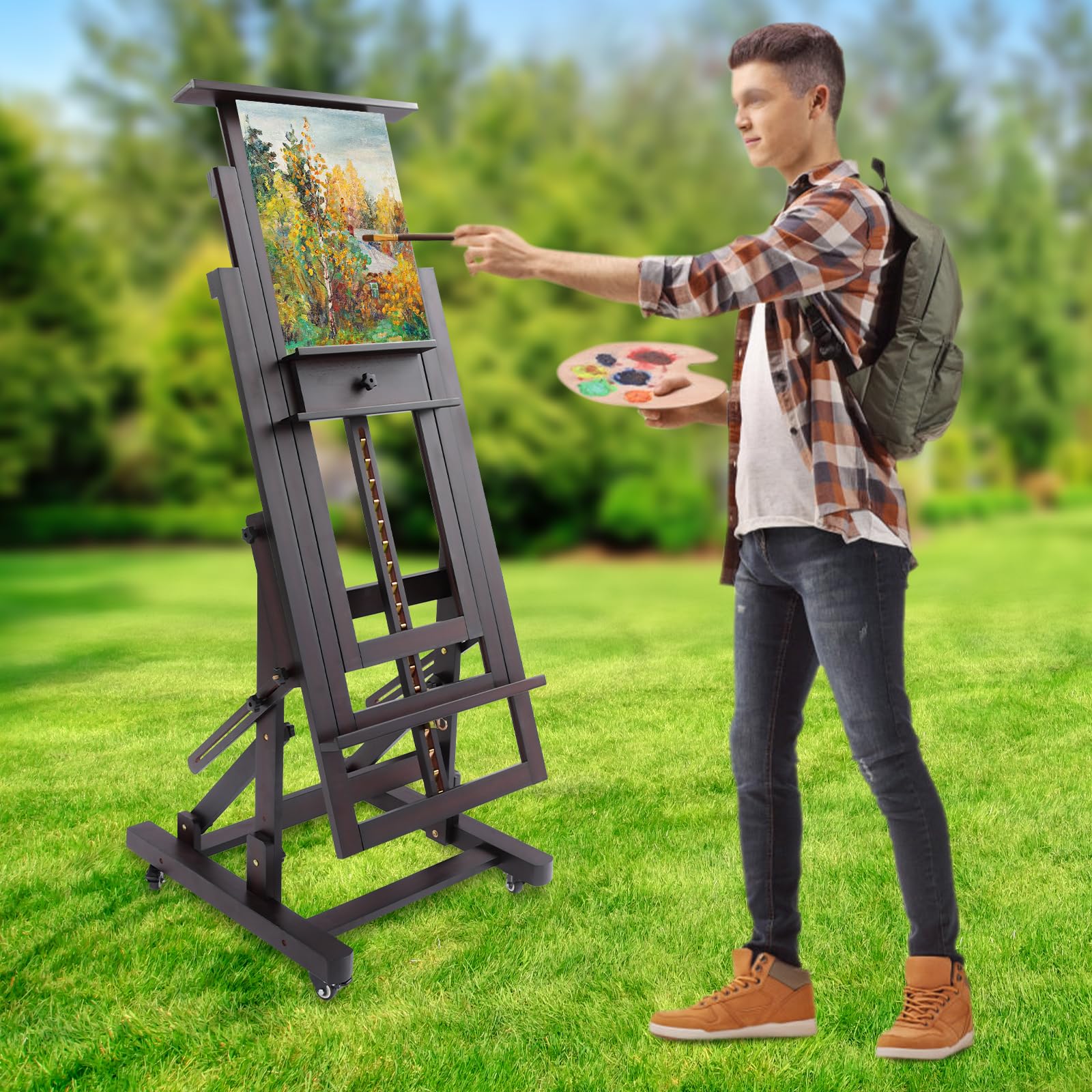 Caballete de madera ajustable en altura 140 – 300 cm, caballete de pintura móvil con ruedas y freno, doble soporte de lienzo, para taller, estudio y hogar (color nogal)