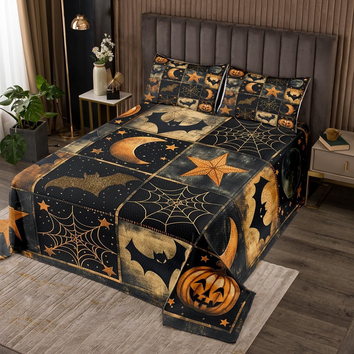 Erosebridal Black Witch Hat Ghost Quilt Set Gothic Pumpkin Lantern Queen Bedspread Set, Cartoon Cute Room Decor Aesthetic Kawaii Coverlet Sets Fall Leaves Halloween Decorations Quilted