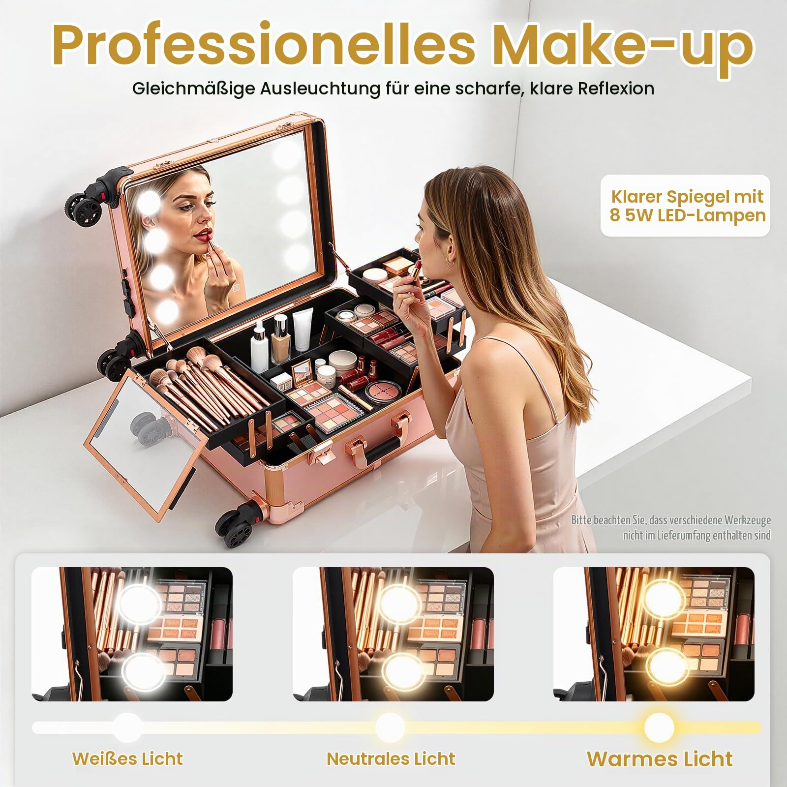 Kosmetikkoffer Trolley Schminkkoffer mit Beleuchtung & Spiegel, Make up Koffer mit verstellbare Beine Profi-Schminkstation mit Rollen Kosmetik Trolley Beauty Case