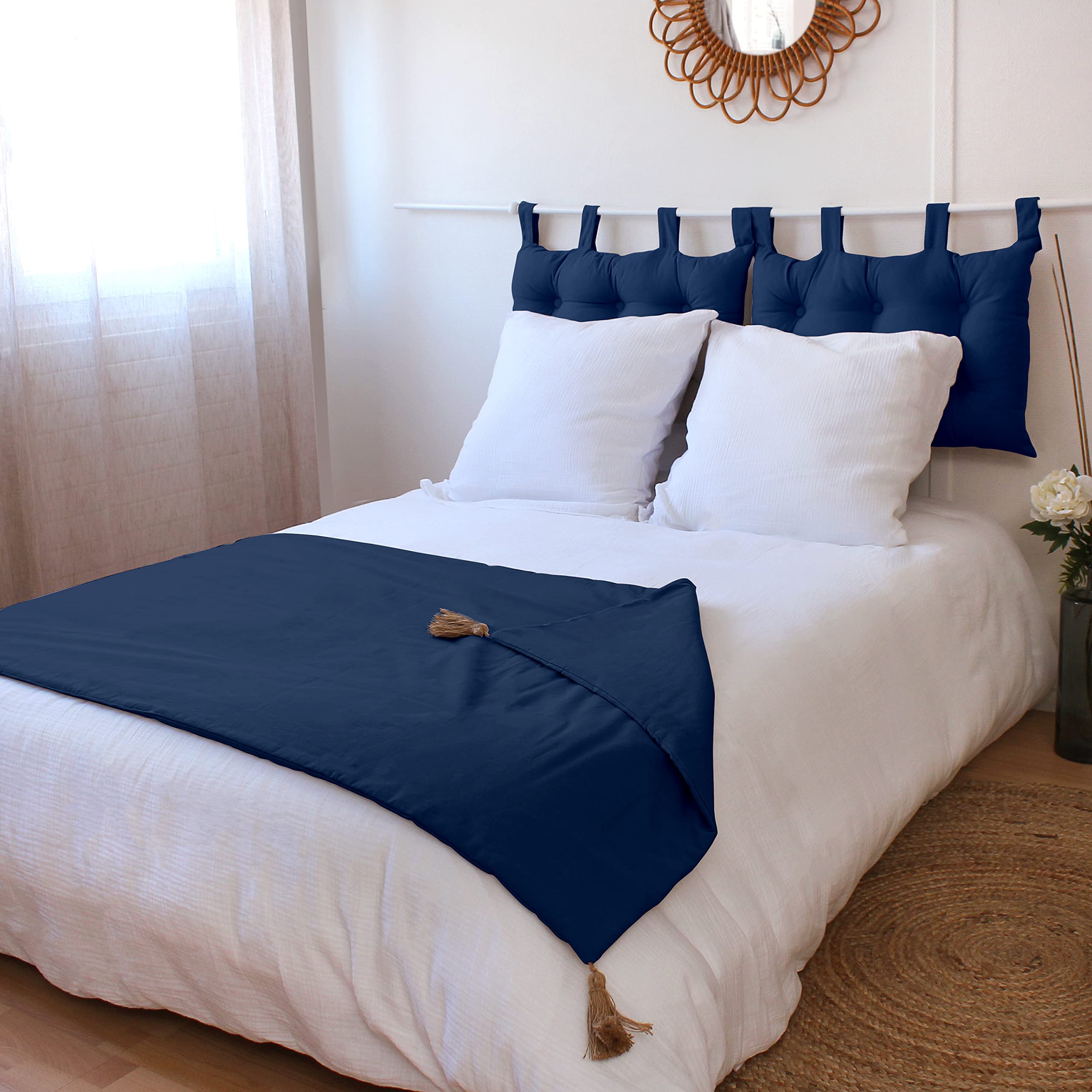 Edredon Décoratif Enjoy Home - Jaune Moutarde, 90x190cm, Coton OEKO-TEX, 4 Pompons Jute