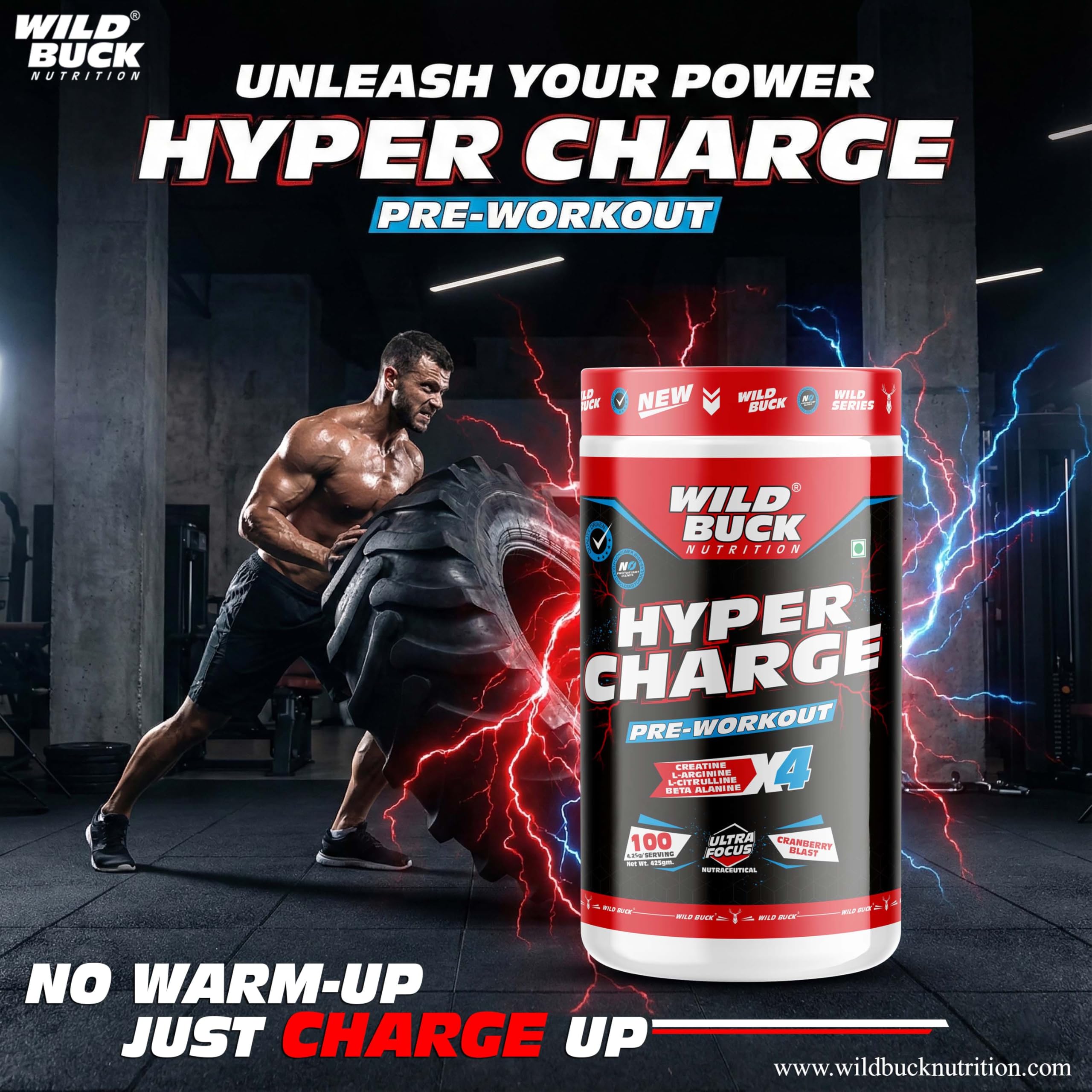 Wild Buck Hyper Charge Pre-X4 Hardcore Pre-Workout Supplement with Creatine Monohydrate, Arginine AAKG, Beta-Alanine & Muscle Pump Formula | Caffeinated Punch for Explosive Energy, Focus & Strength [100 Servings, Cranberry Blast] — Amazon image 2
