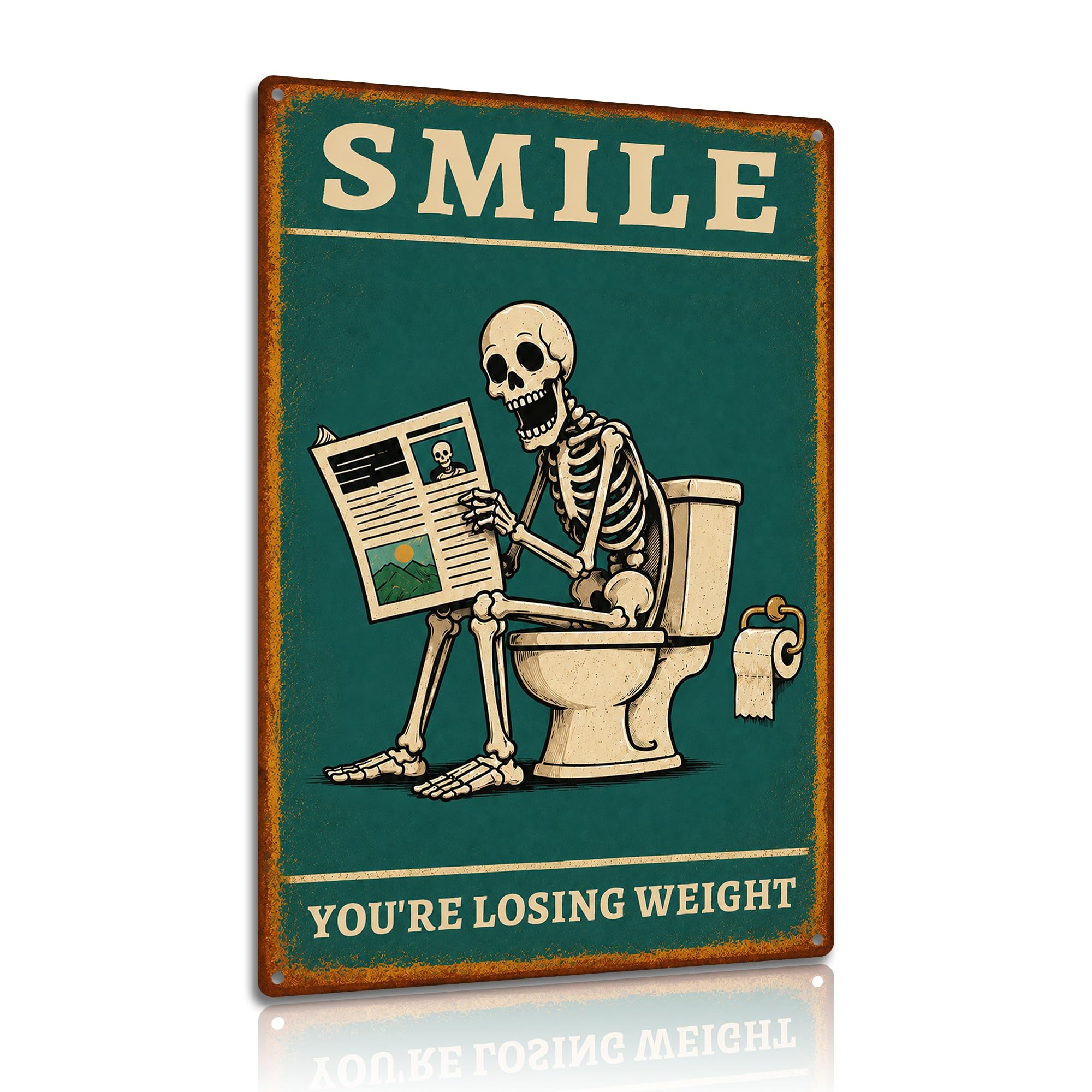 Smile You’re Losing Weight Funny Bathroom Aluminium Metal Sign 8x12 Inch Vintage Skeleton Toilet Wall Decor Humorous Restroom Plaque (25173)