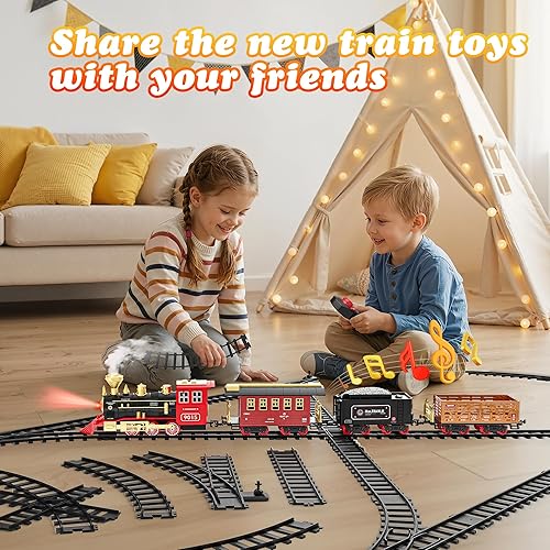 Miniatura 5 de Hot Bee Juego de tren, juguetes de tren de control remoto con vías de lujo, juegos de tren de Navidad para alrededor del árbol, tren de juguete con