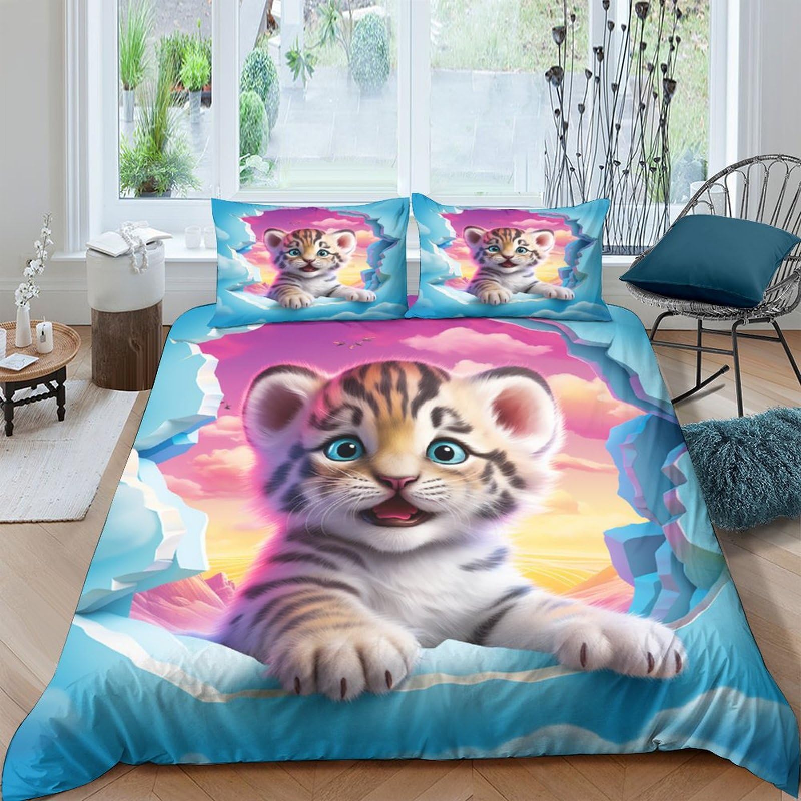 Housse de couette tigre 3D parure de lit en microfibre cadeau idéal garçons et filles