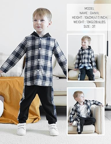 Miniatura 3 de Fuermos Ropa para niños pequeños, conjunto de camisa de botones de franela con malla y capucha + pantalones para niños, conjuntos de otoño e invierno