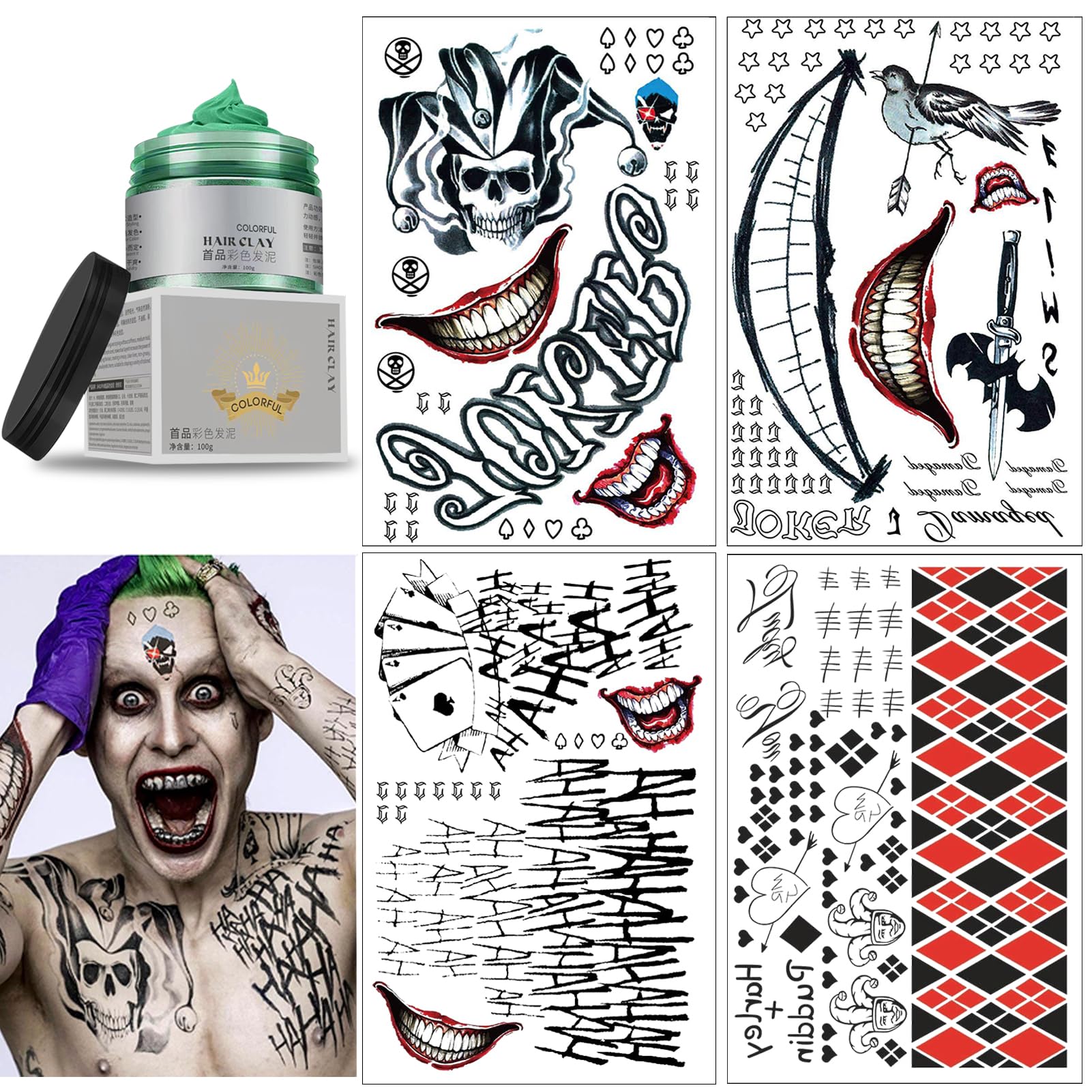 Joker Kostüm Set - Mit Grüner Haarfarbe, Schminke & Tattoos Für Halloween