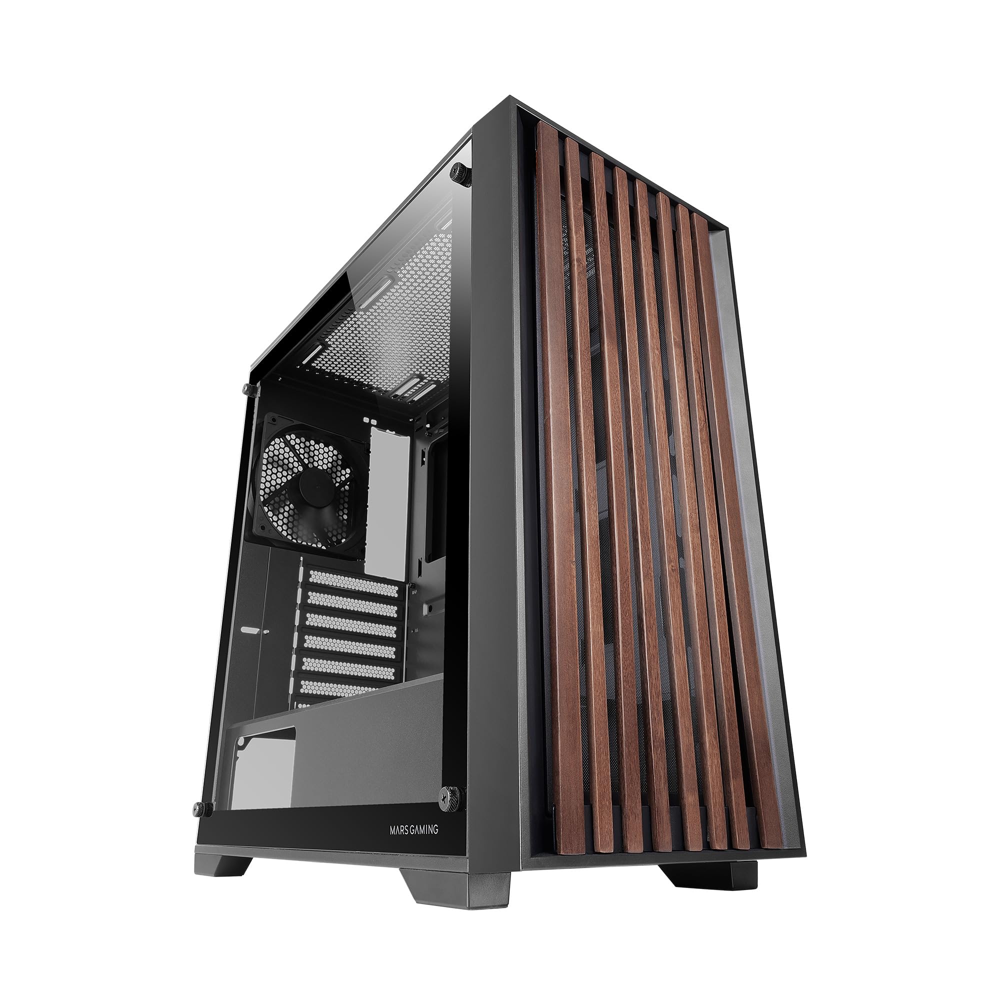 Mars Gaming MC-Wood, ATX-PC-Gehäuse, Holzfrontplatte, Seitliches Gehärtetes Glas, 120mm FDB-Lüfter, Flüssigkeitskühlung bis 360mm, Dual-Kammer, Kabelmanagement, Semi-Tower-PC, Schwarz - 1