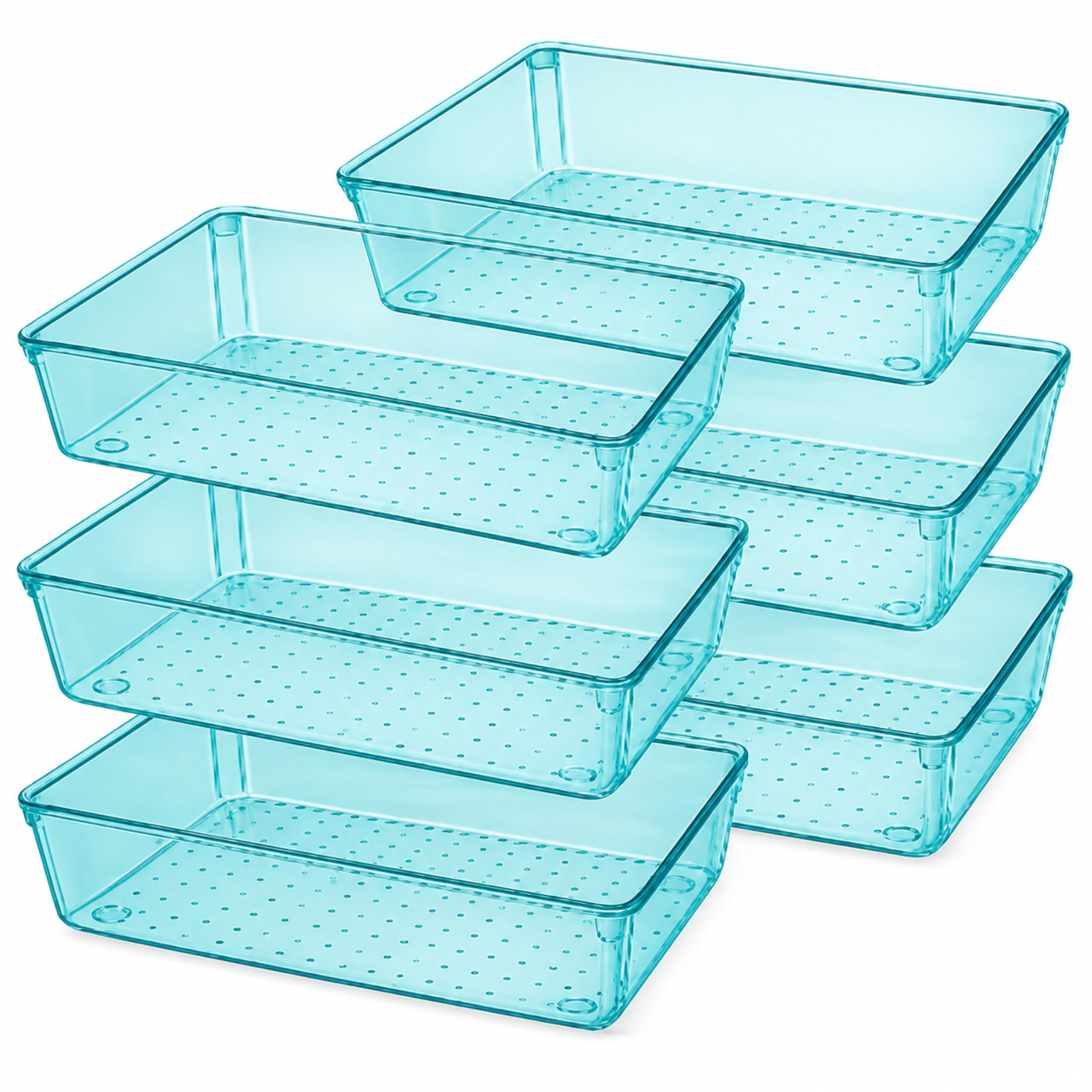JIALTO 6-Piece Acrylic Drawer Organizer Tray Set – Clear Plastic Storage Bins for Makeup, Jewelry, Kitchen, Office, Bathroom & Dressing Table Drawer Organizer (Sea Blue)