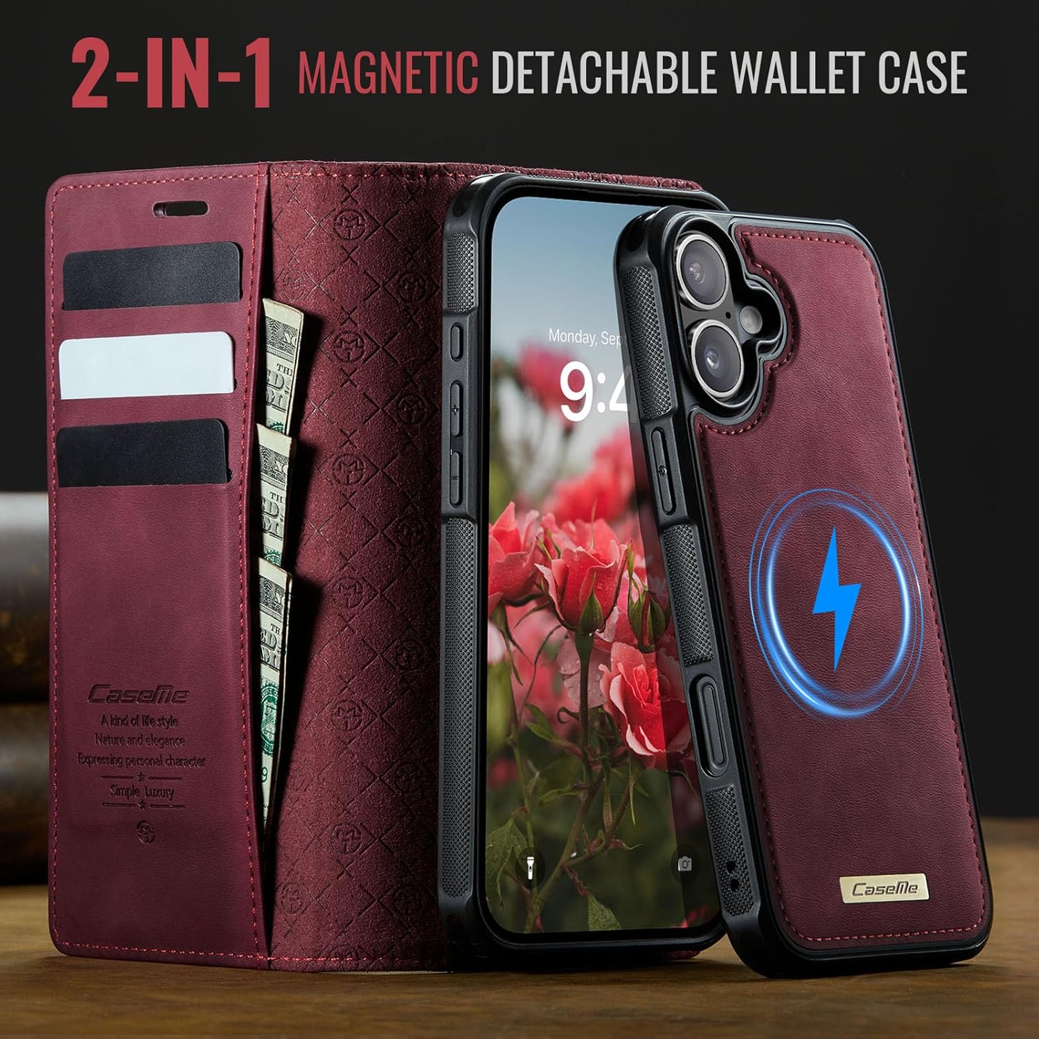 Kowauri Case for iPhone 17, PU Leather Wallet Flip Case with Card Holder RFID Blocking, Magnetic Detachable Shockproof Phone Cover Wireless Charging Compatible for iPhone 17 (6.3 inch), Red - Image 9