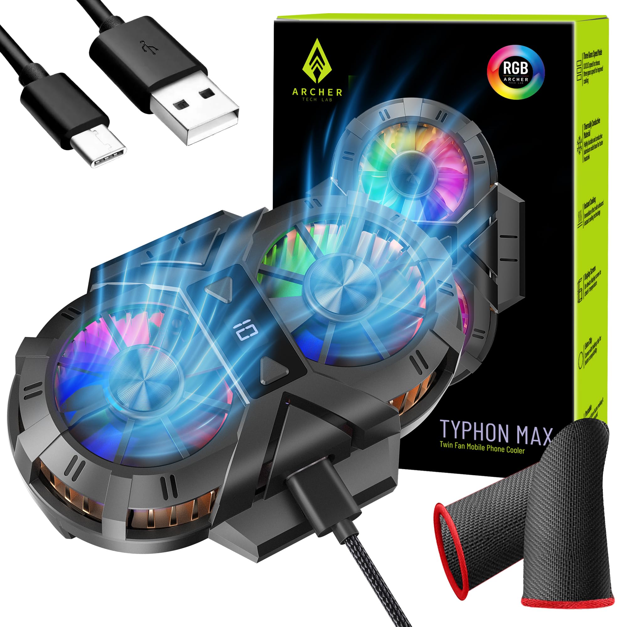 Archer Tech Lab Typhon Max Dual Fan Universal RGB Mobile Phone Cooler| Instant Cooling Thermal Conductive Base, Turbo Gaming Fan 5500 RPM, Digital Temp Screen, Adjustable Clip Claw, 2 Finger Sleeves (B0BN5XQKBD) Amazon Price History, Amazon Price Tracker