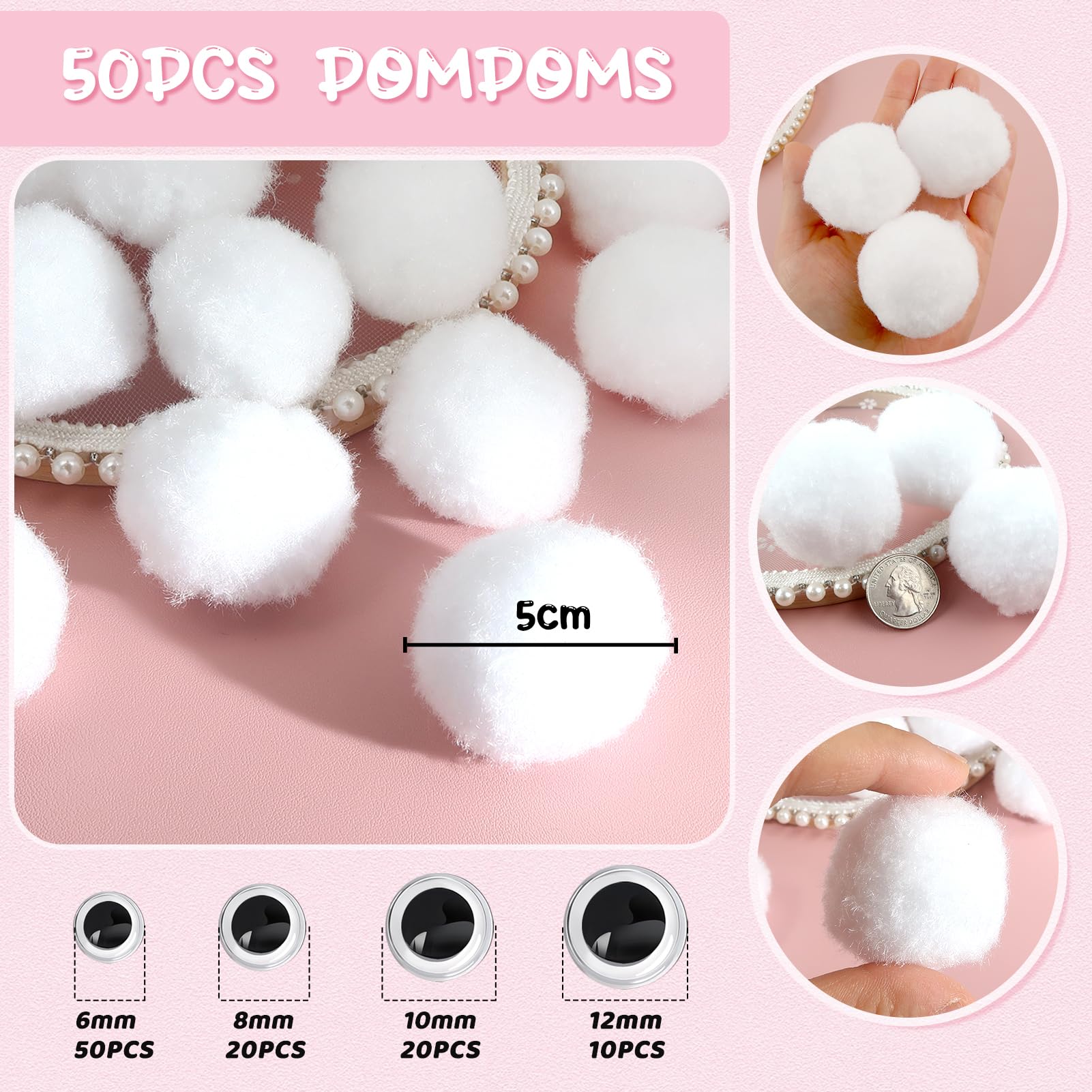 TOAOB 50pcs Pom Poms Ball 50mm Large Fluffy Pom Poms White Fuzzy Pompoms Balls with Wiggle Eyes for DIY Crafts Decorations - Image 2