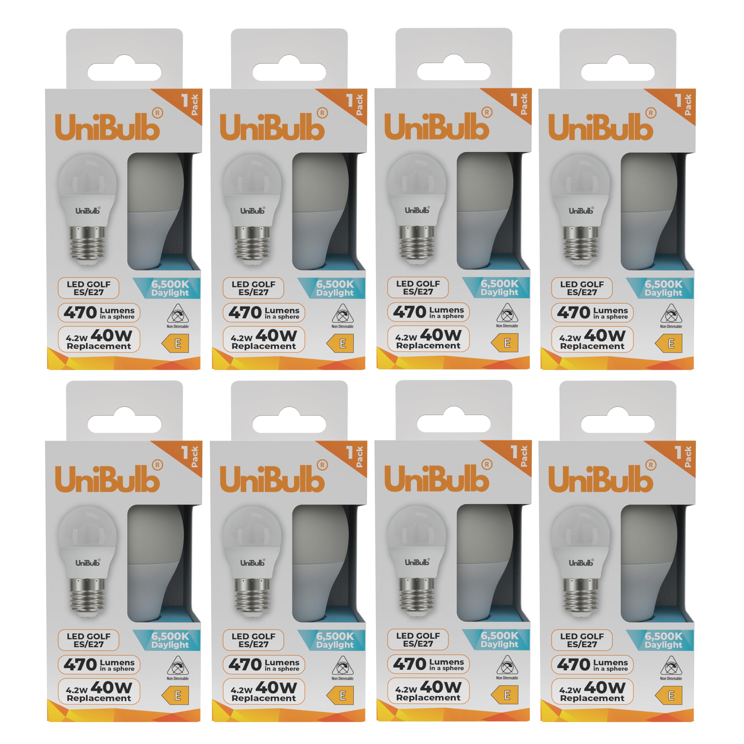 Unibulb E27 Edison Screw (ES) LED Light Bulb, 470 Lumens, 4.2W, Replaces 40W, 6500K Daylight, Non-Dimmable, 25yr Lifespan (8)