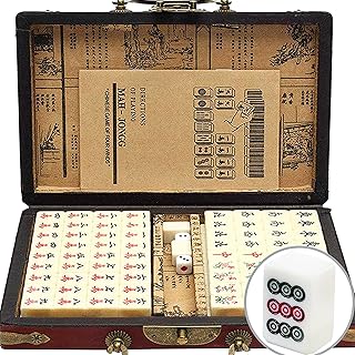 XUBX Mini Juego de Majong Chino, Juego de 144 pequeños Azulejos y Vintage de Piel Mahjong Carring Case, 2 Cajas de Transporte de Dados y Cuero, para Viaje Familiar Game Chino Mahjong Set