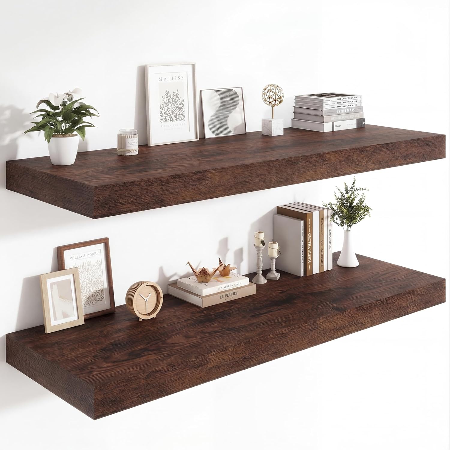 Heimlove 12 Inch Deep Floating Shelves, 48 x 12 inches Long Wall Shelf, Large Display Shelf & Storage Shelf, Rustic Wood Wall Shelves for Fireplace Mantel, Set of 2(Rustic Brown)
