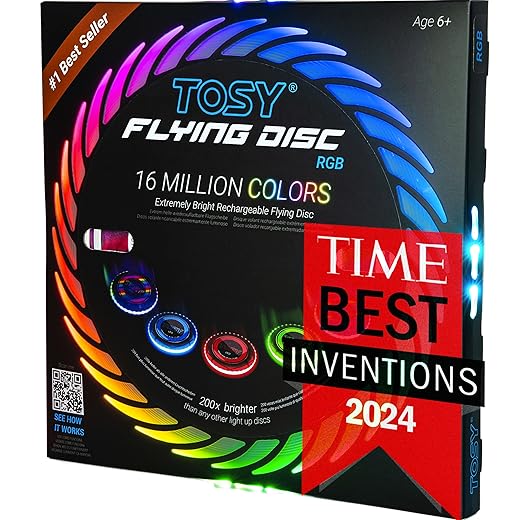 TOSY Flying Disc - 16 Million Color RGB LEDs, Extremely Bright, Smart Modes, Auto Light Up, Rechargeable, Waterproof, Birthday, Camping Gift, 175g Frisbee