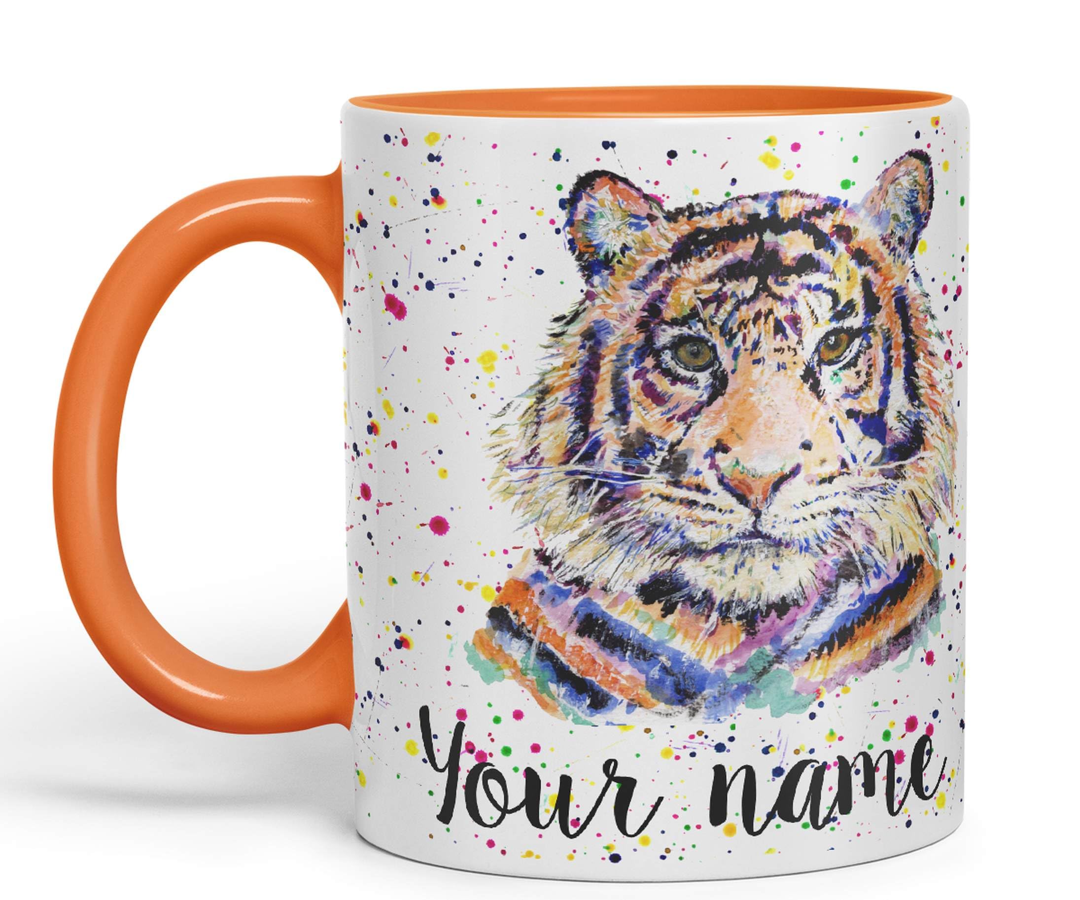 Vixar Personalised with Your Text Tiger Cat Safari Animals Watercolour Art Coloured Ceramic Mug Cup Gift 330ml 11oz Custom Work Office Tea Coffee (O2) (Orange)
