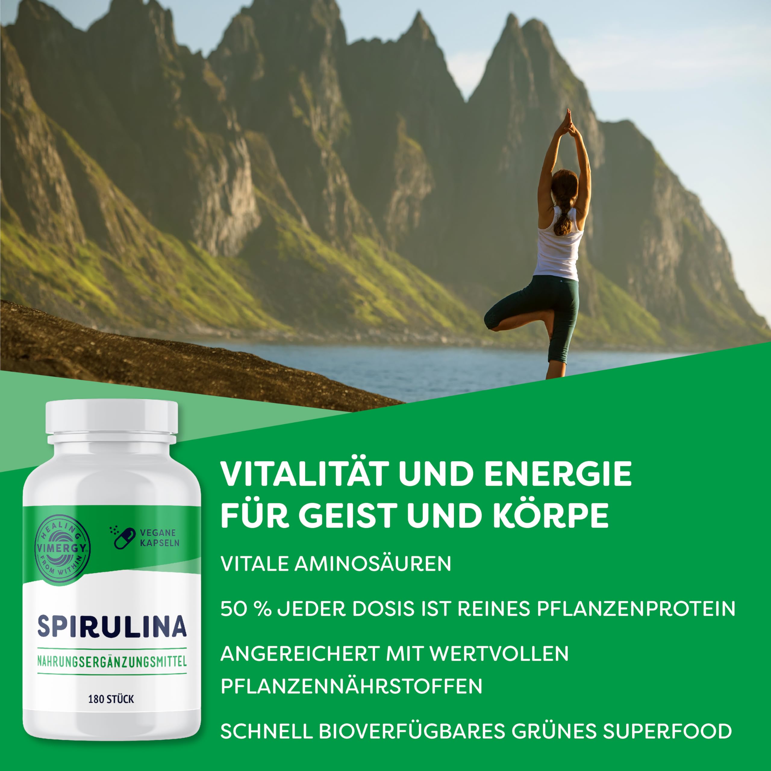 Vimergy Spirulina Kapseln, 30 Einnahmen – Starkes Superfood – Nahrungsergänzungsmittel - Ohne Trennmittel, ohne Füll- oder Farbstoffe, Gentechnik- und Glutenfrei (180 Stk.)