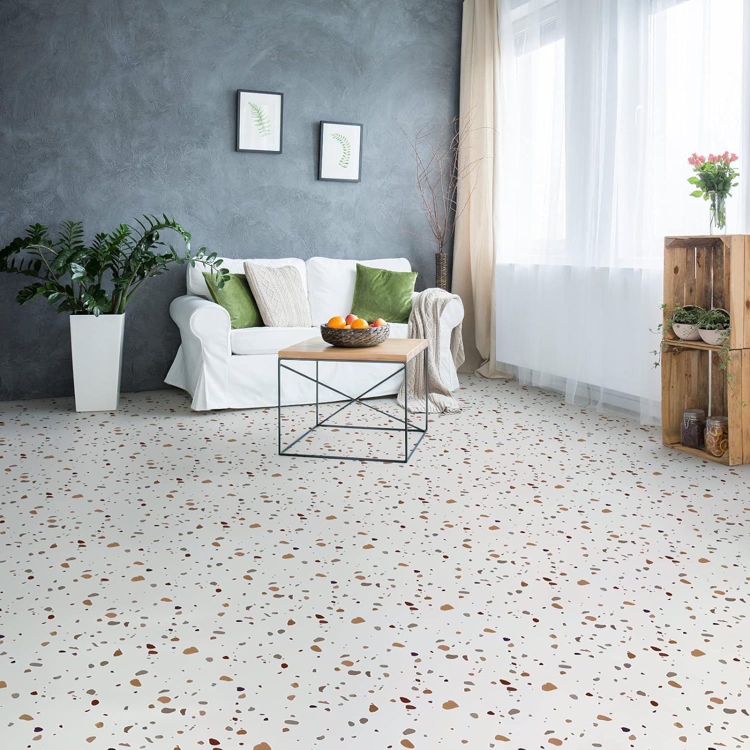 Peel & Stick Floor Tiles Self Adhesive Vinyl Flooring, 10 Sheets - 12" x 12", DIY Flooring for Kitchen Living Room Waterproof Removable Tile Stickers Terrazzo Look (Beige)