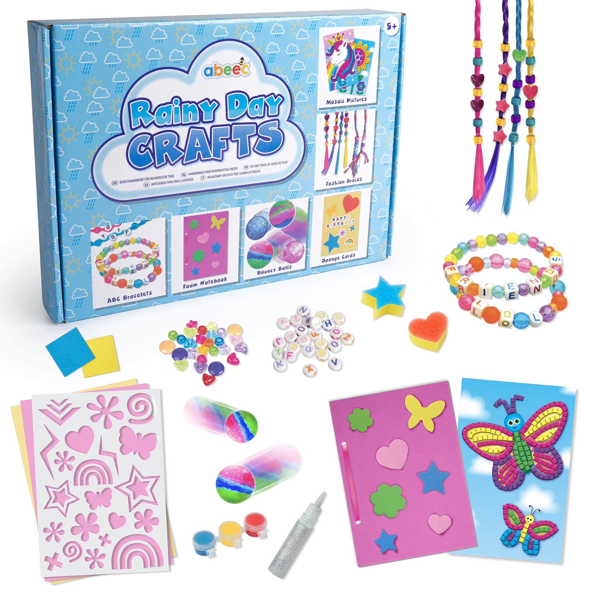 abeec Rainy Day Crafts  6-in-1 Craft Kit for Girls 5+ | Bracelet Making, Mosaic Pictures, DIY Bouncy Balls, Foam Notebook, Hair Braiding & Card Making Set