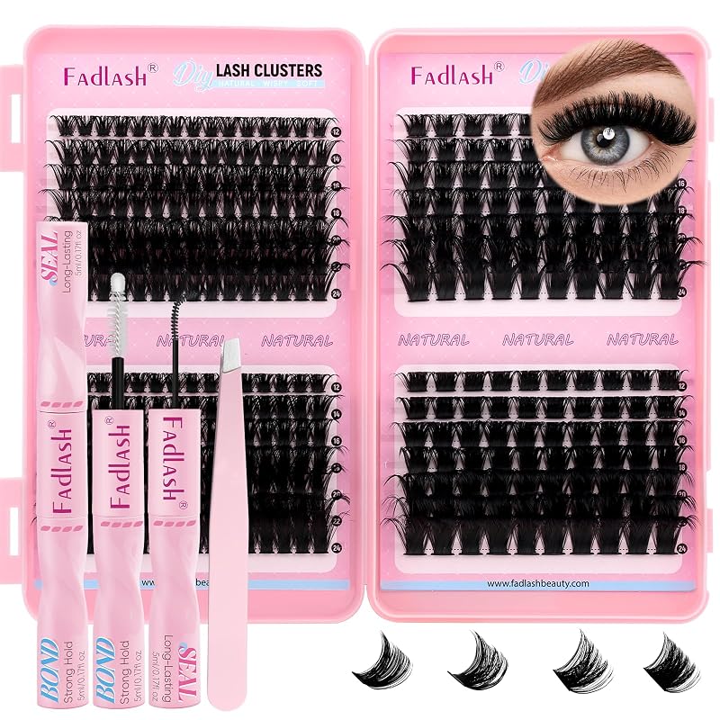 Kit de cílios em tufos FADLASH 120D, 150D, 200D e 250D, curvatura D, 12 a 24 mm, com adesivo, selante e pinça