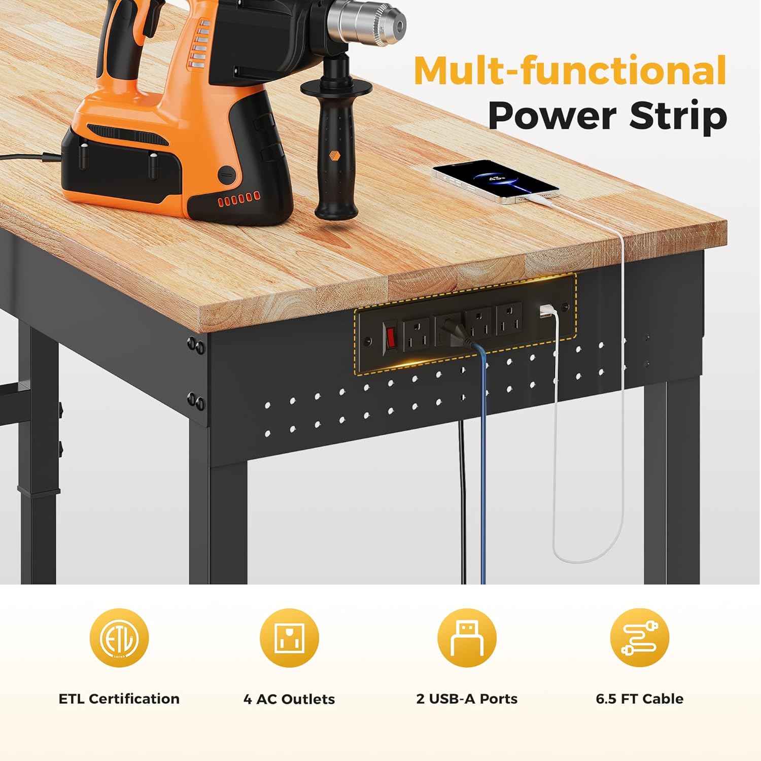 60" Adjustable Heavy Duty Workbench, 2000 LBS Load Capacity Rubber Wood Work Table with Pegboard, Power Outlets, Work Bench for Garage, Workshop, Office, Home, Commercial - Image 7