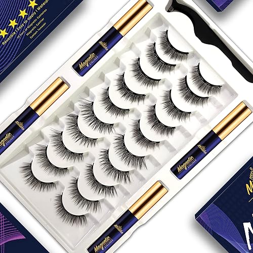 Menaka Pestañas magnéticas con kit de delineador de ojos, pestañas magnéticas de aspecto natural con 4 tubos mejorados de forro magnético