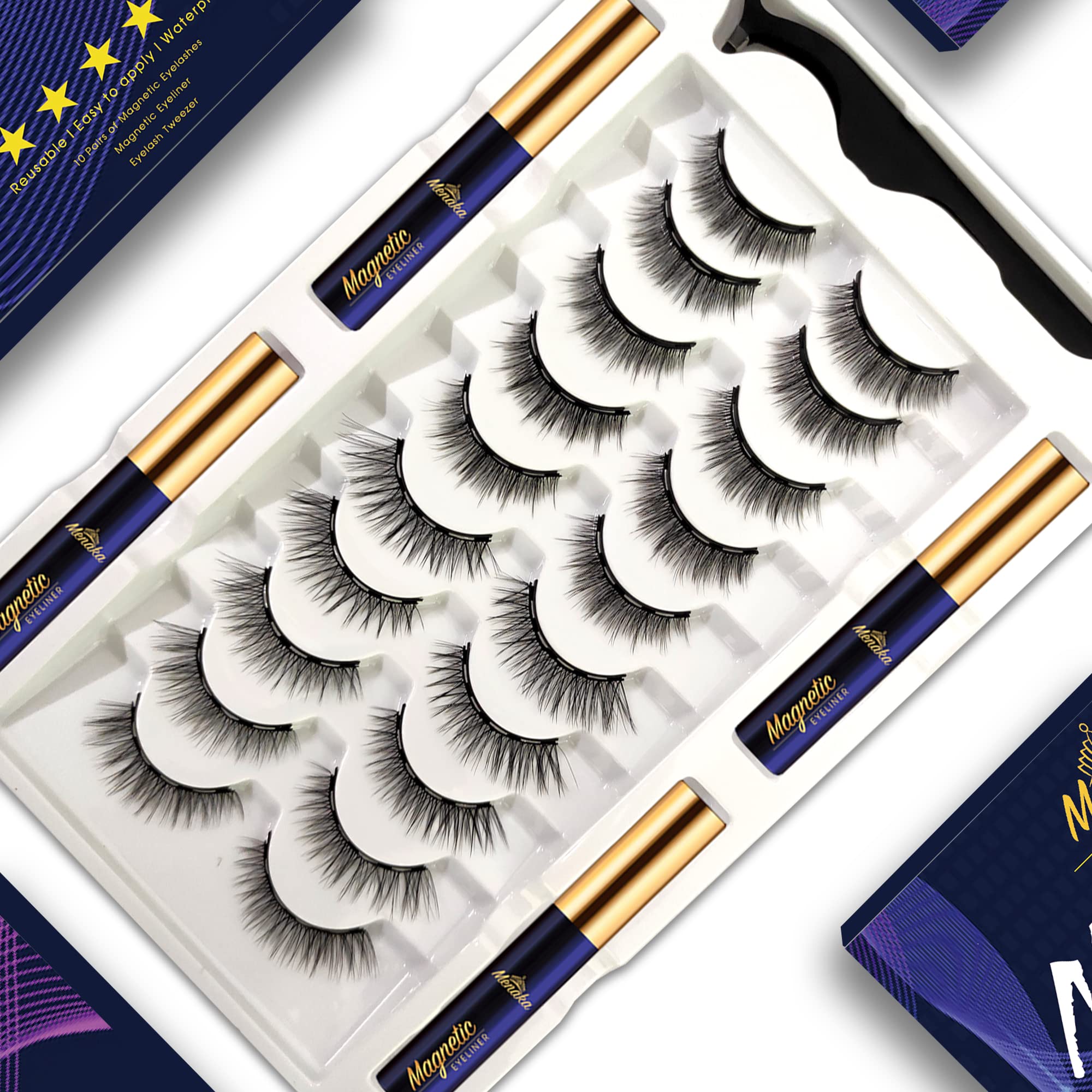 Menaka Magnetic Eyelashes with Eyeliner Kit, Magnetic Lashes Natural Looking with Upgraded 4 Tubes of Magnetic Liner Waterproof,10 Pairs Reusable False Eyelashes Easy to Apply,Long Lasting.