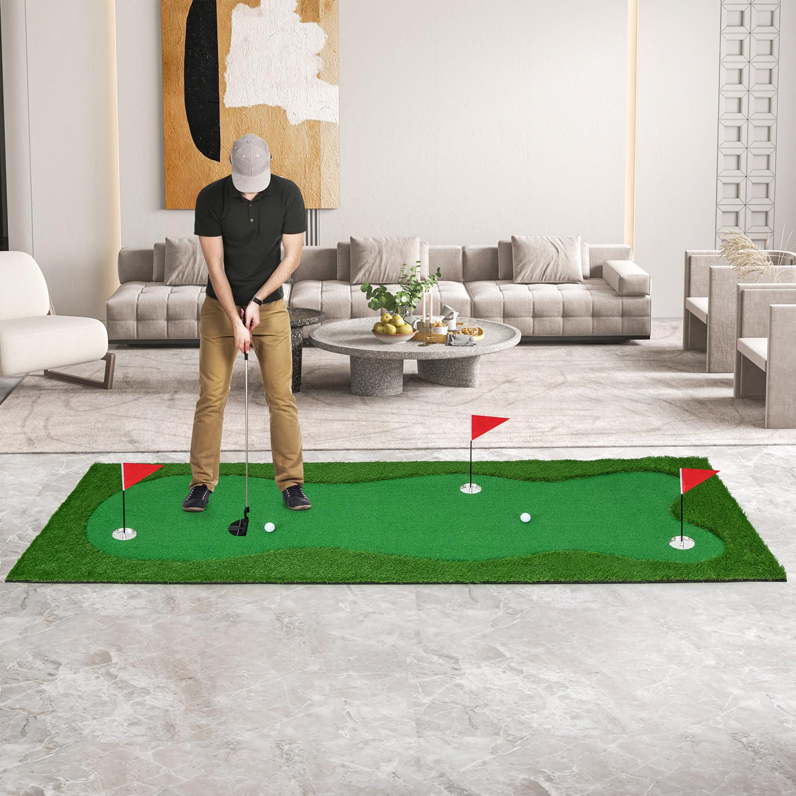 GOPLUS - Alfombra de Golf para Putting (3 x 1 m), Gran Alfombra de Entrenamiento de Golf, 3 Agujeros, 3 Copas y Banderas de Ayuda al Entrenamiento, Interior Exterior