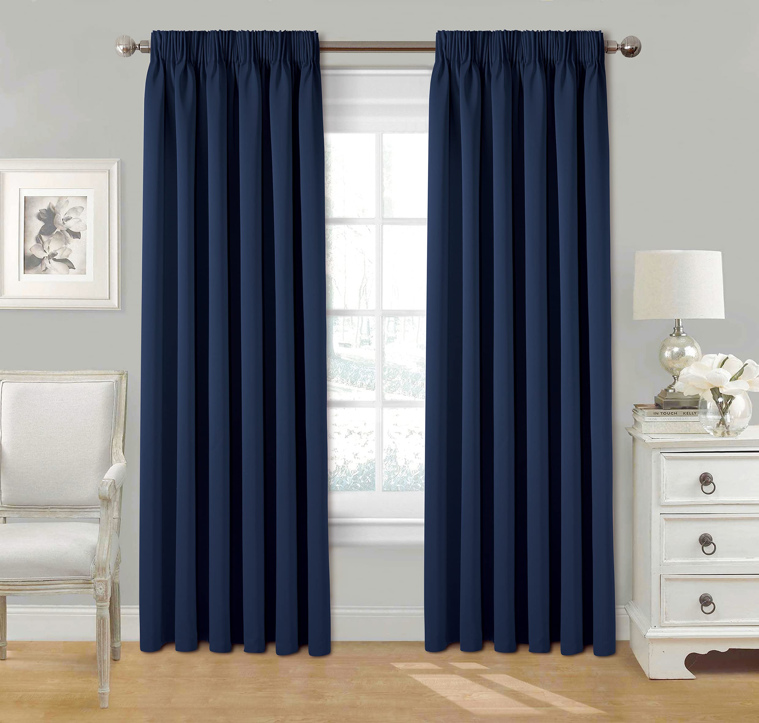 Pencil Pleat Tape Top Plain Thermal Outer Lined Curtains with Tie Backs – Insulated, Energy-Saving, Noise-Reducing, Light-Blocking – Navy Blue, 46" x 54"