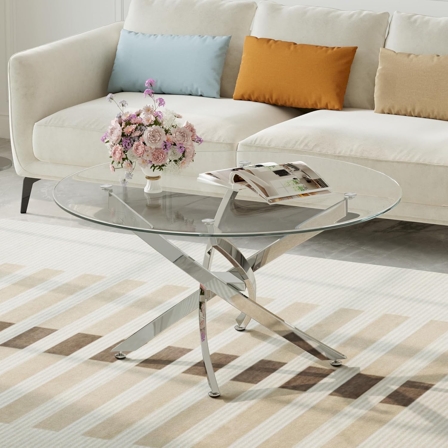 Round Glass Coffee Table, Modern 35" Circle Center Table with Clear Tempered Glass Top & Silver Stainless Steel Legs for Living Room, Apartment, Reception Room, Easy to Clean