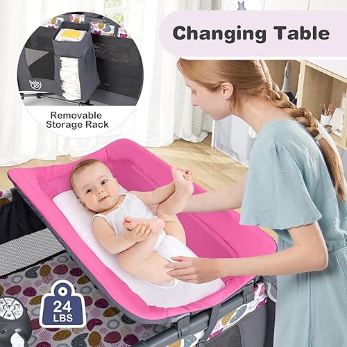 Vista 4 de BABY JOY 5 en 1 Rosa Pack and Play, corralito portátil para bebé con moisés y cambiador, moisés rosa infantil con juguetes y música y bolsa Oxford