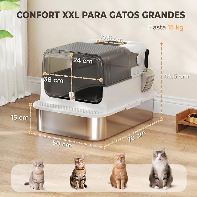 Foto 8 de 8 de PawHut Arenero para Gatos de Acero Inoxidable XXL Tapa Abatible Blanco