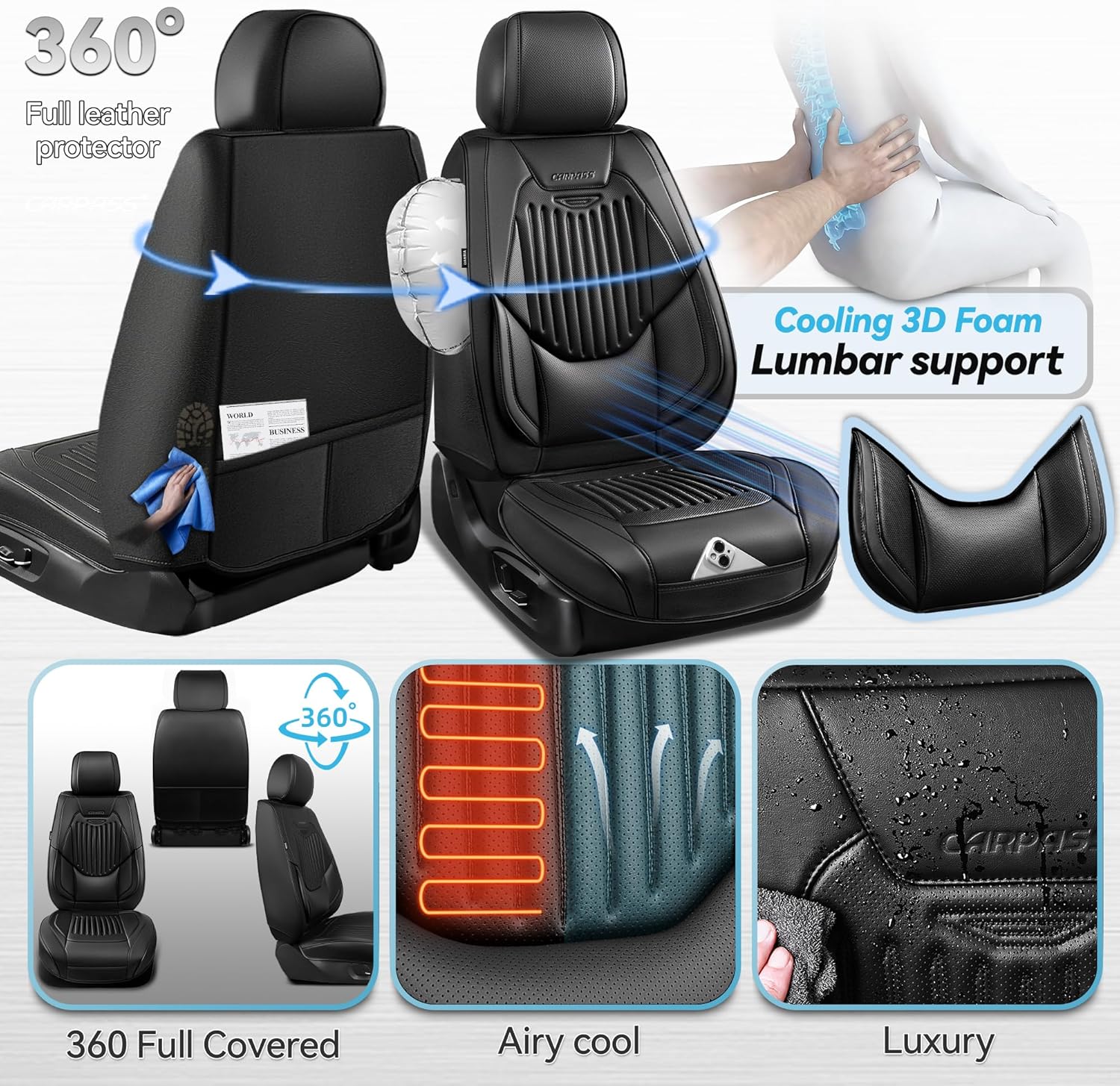 CAR PASS Luxury Nappa Leather Car Seat Covers Full Set, Lumbar Support Seat Covers for Car 5 Seats, Waterproof Car Seat Protector, Automotive Seat Covers Universal Fit for Most Sedans SUV Trucks Black