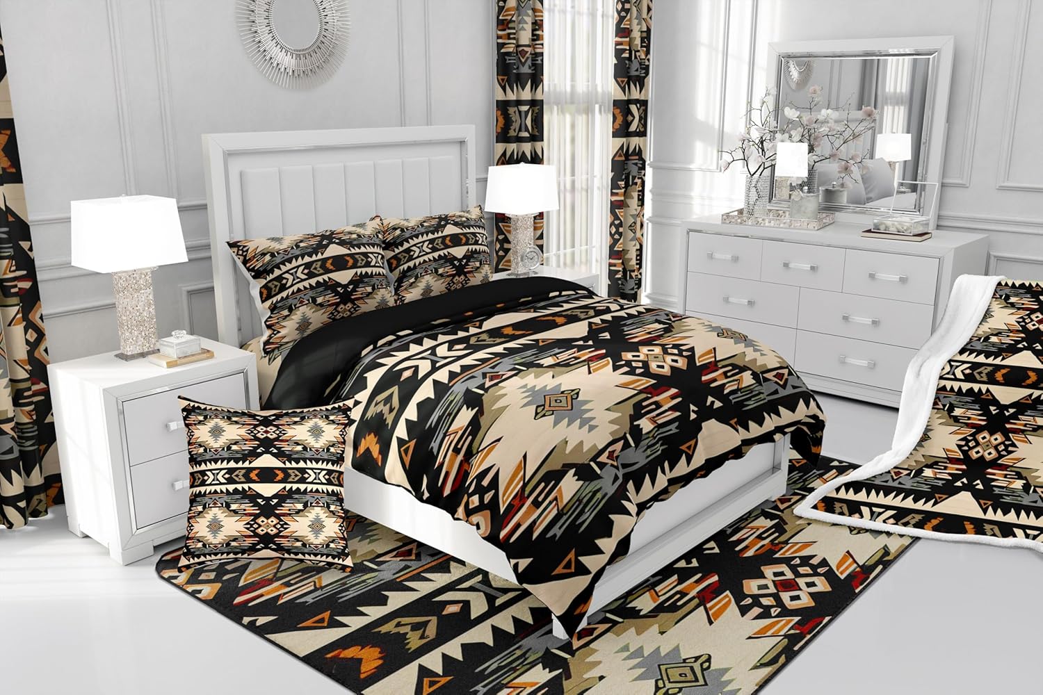 Feelyou Black Southwestern Bedding Set King Size Geometric Comforter Cover Set Tribal Western Decor Native American Design Duvet Cover Stripe Line Bedspread Cover Room Decor Quilt Cover(No Comforter)