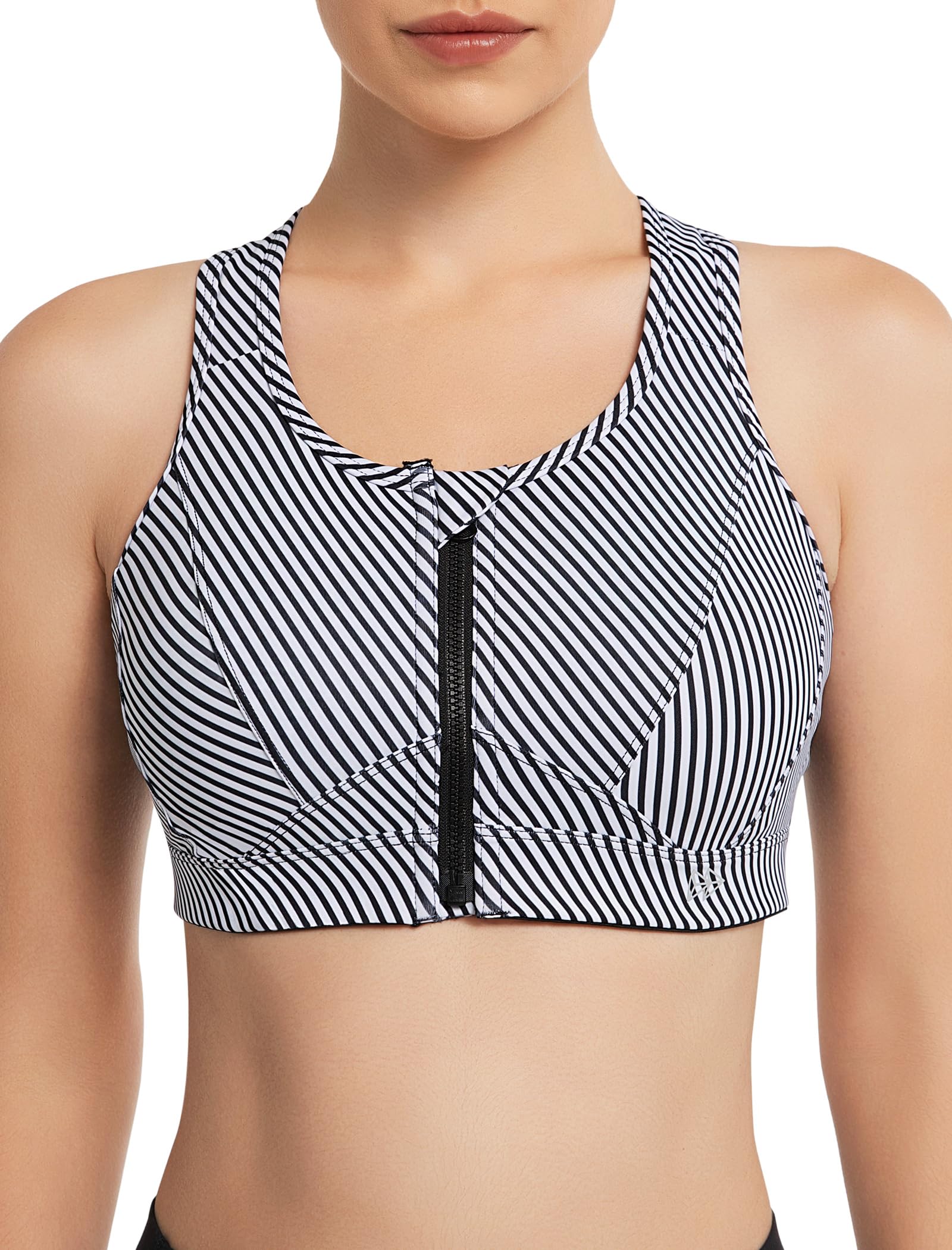 Yvette Sport BH Starker Halt Vorderverschluss Große Größe Mesh Ringerrücken für Lauf Joggen Reiten,Schwarz-Weiß-Streifen,L Große Größen