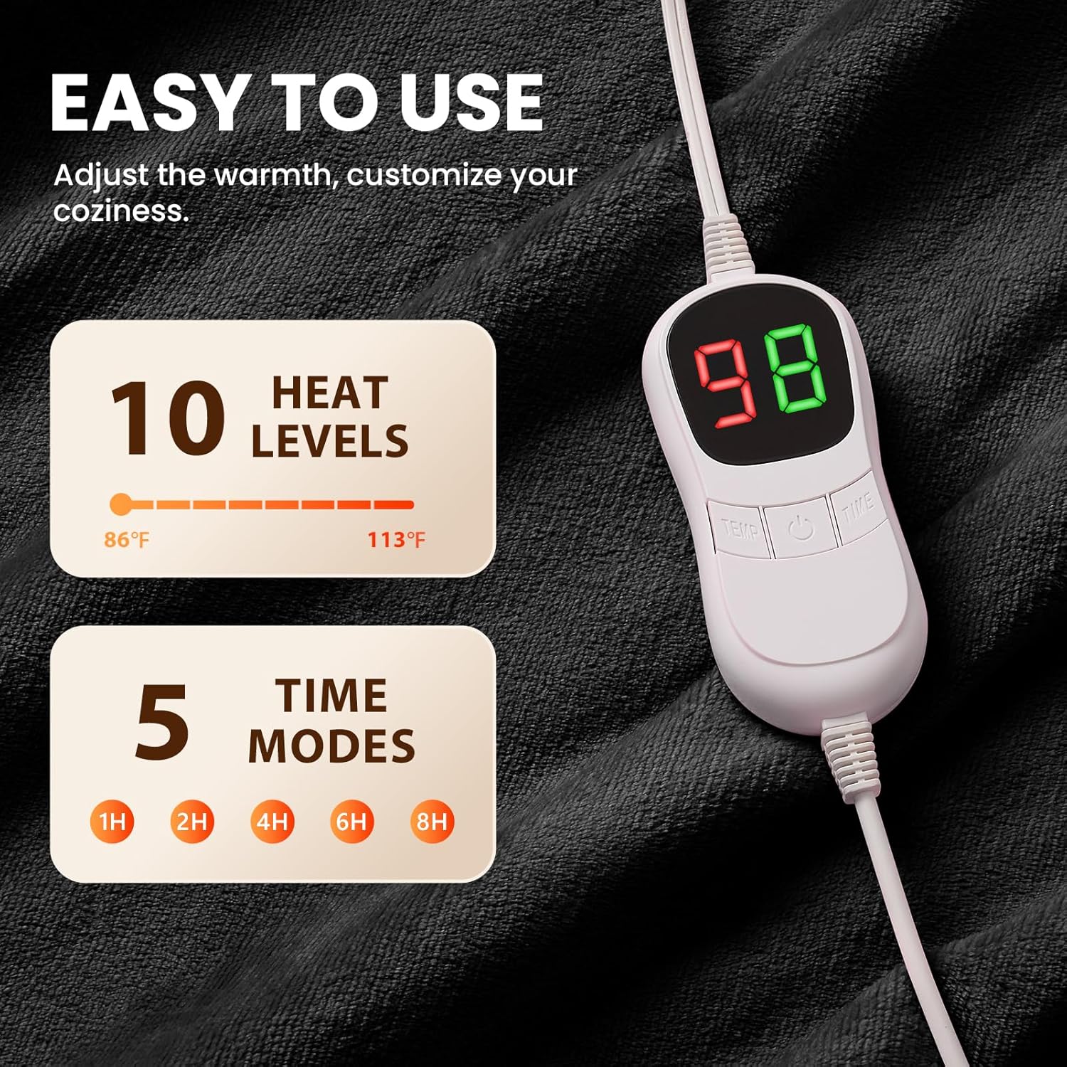 Heated Electric Blanket Wearable Throw - Heated Wearable Robe with Sleeves and Foot Pockets - Heating Blanket with 10-Level Heating Auto-Off Flannel Heated Hoodie for Adults(50''x75'', Black) - Image 3