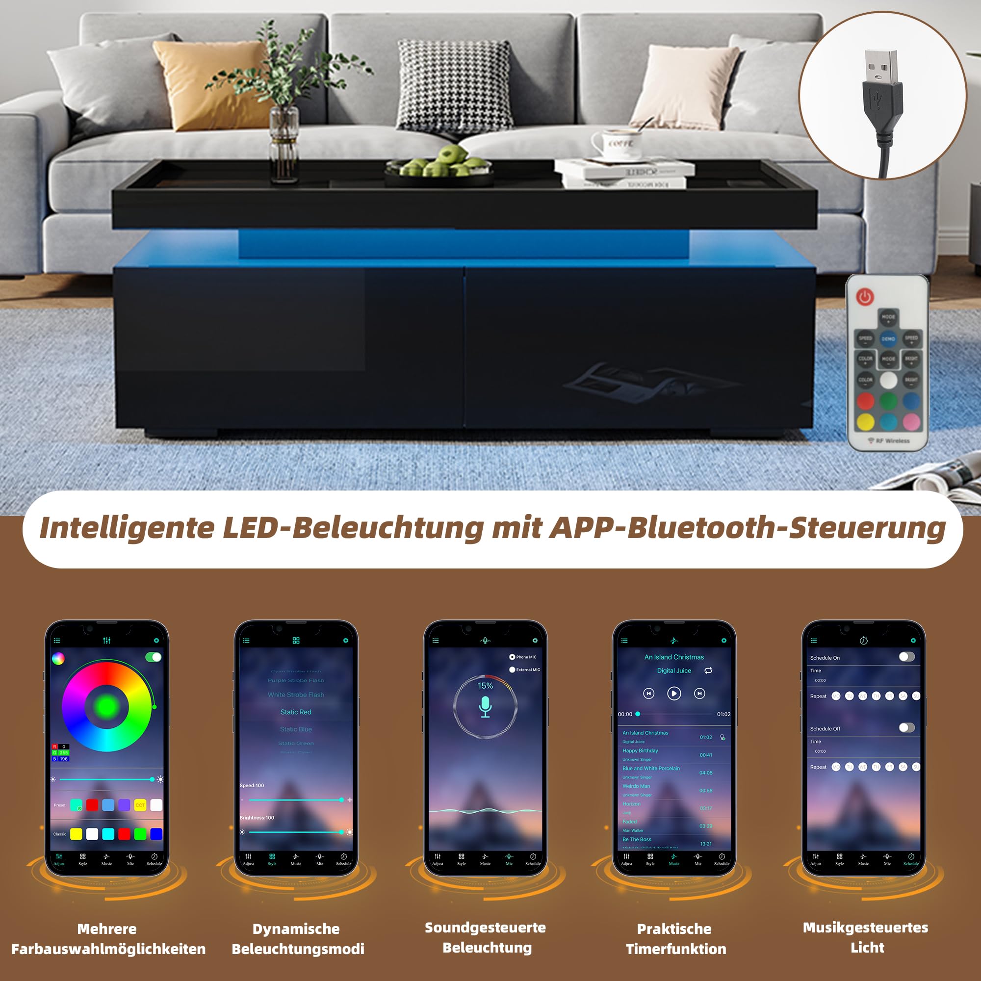 Stolik kawowy 95 x 45 x 35 cm czarny | stół do salonu, stolik kawowy | Nowoczesny stół do salonu z diodami LED, miejscem do przechowywania i szufladami – idealny jako stolik na co dzień i