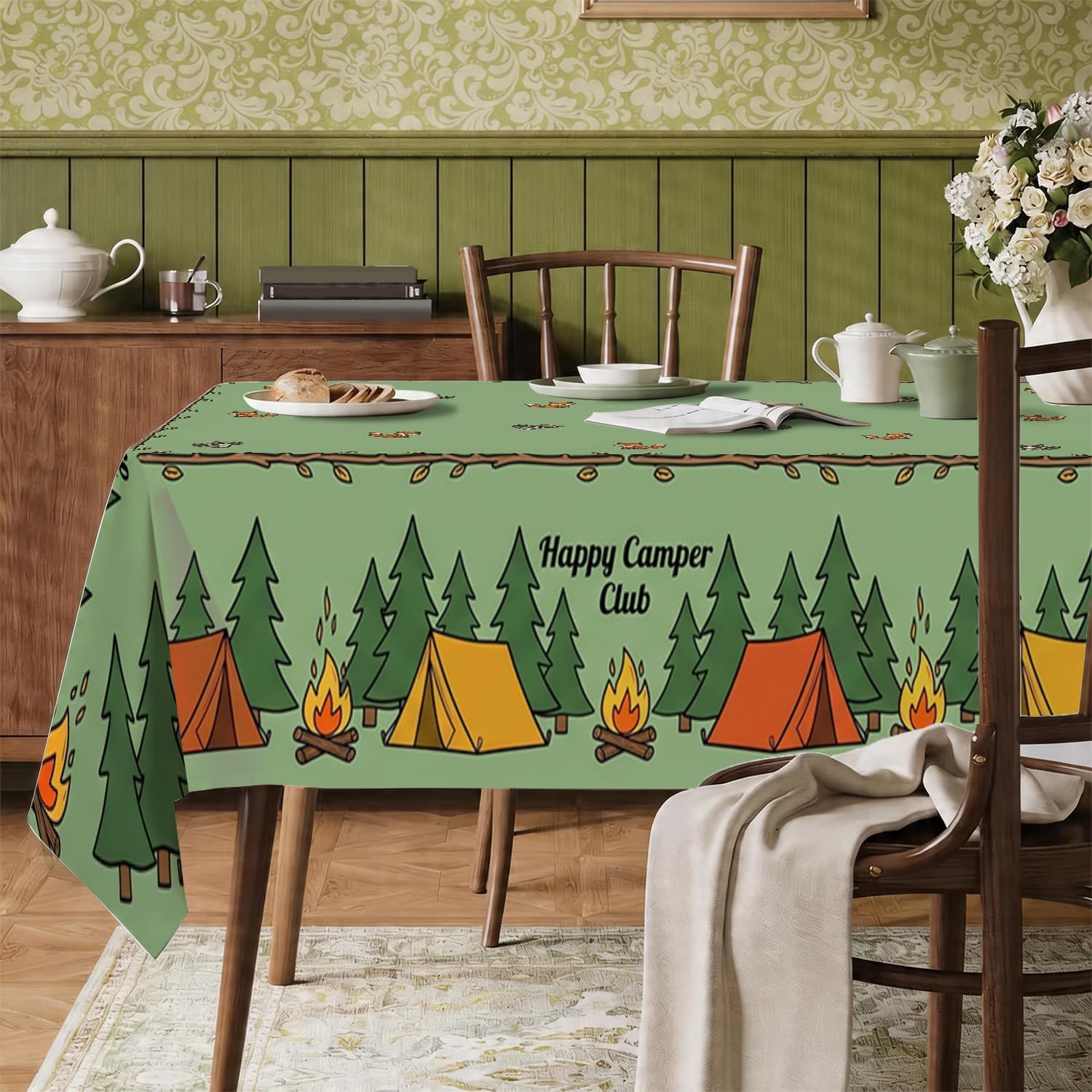 Tent Rectangle Table Cloth, Outdoor Adventure Tree Fire Summer Green Polyester Reusable Washable Table Linens Hosting Party Essentials for Kitchen Dining 55x70 Inch