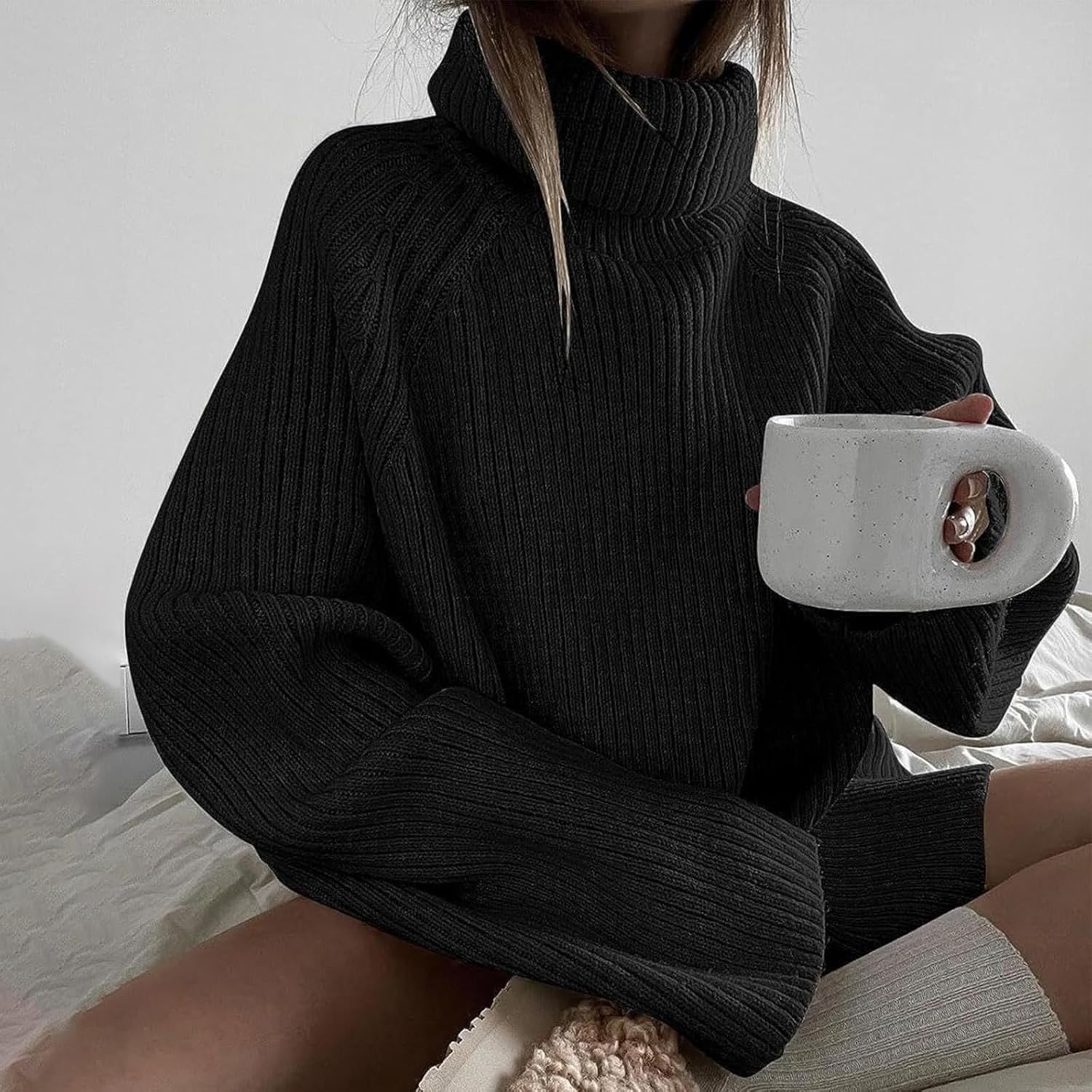 Heevina Sweaters for Women Turtle Neck Oversized Ribbed Knitted Solid High Neck Knit Chunky Loose Fall Sweater Winter