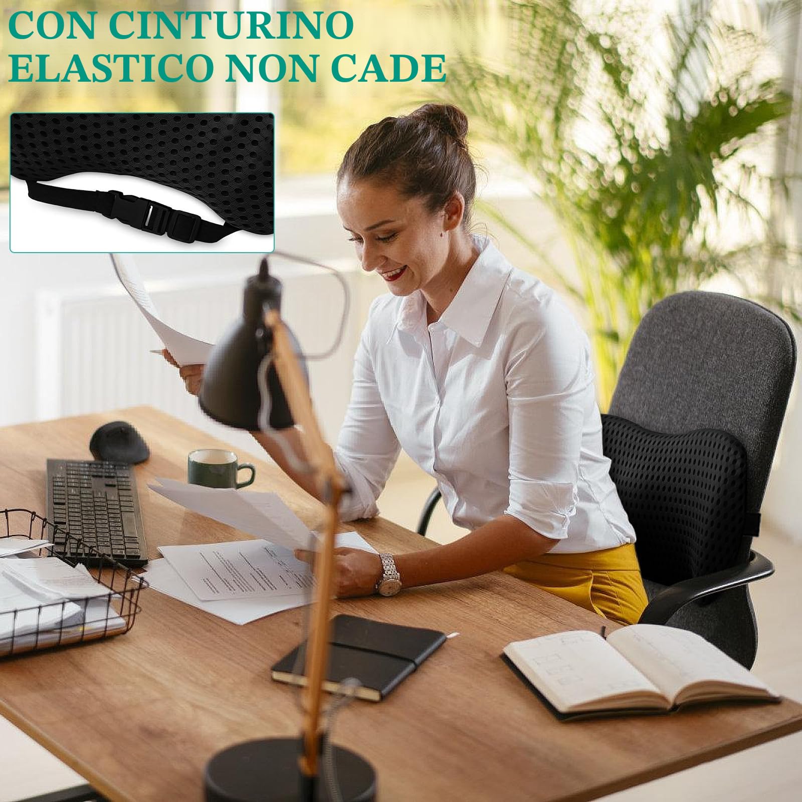 Cuscino Lombare Ergonomico in Memory Foam – Supporto Schiena Ortopedico per Sedia da Ufficio, Auto e Casa – Traspirante, Lavabile e con Cinghia Regolabile