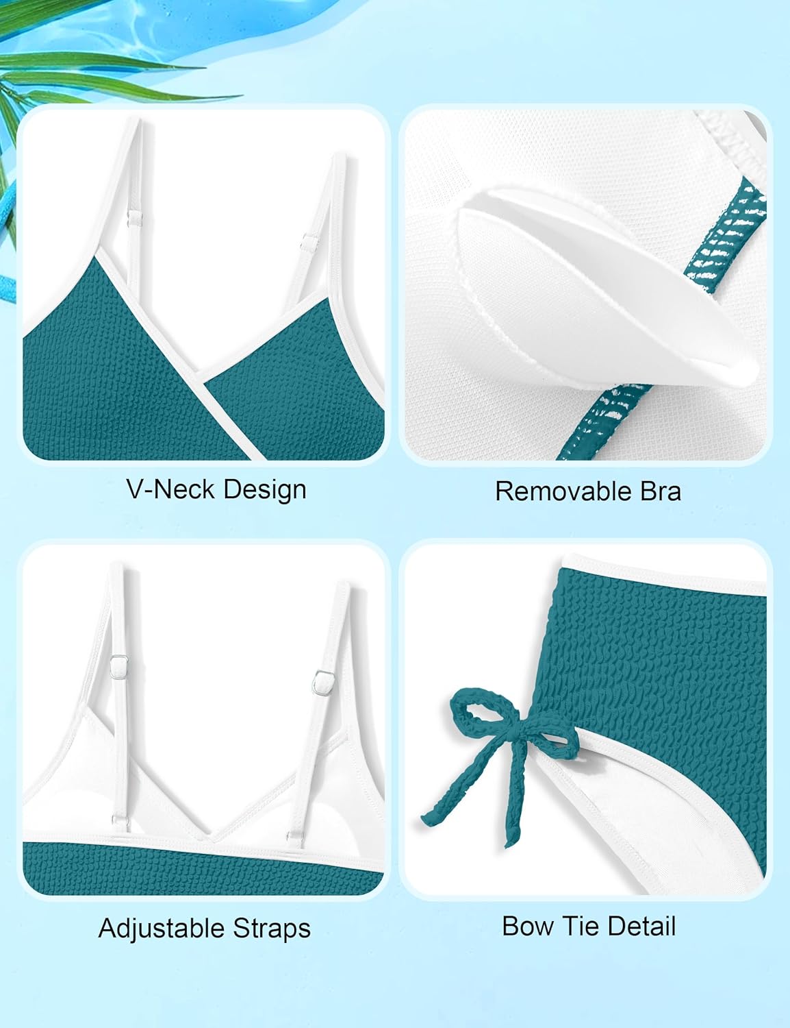 Girls Bathing Suit Adjustable Straps Bikini Sets Color Block V Neck Two Piece Swimsuit with Back Cutout Bow Tie 9-16Y - Image 6