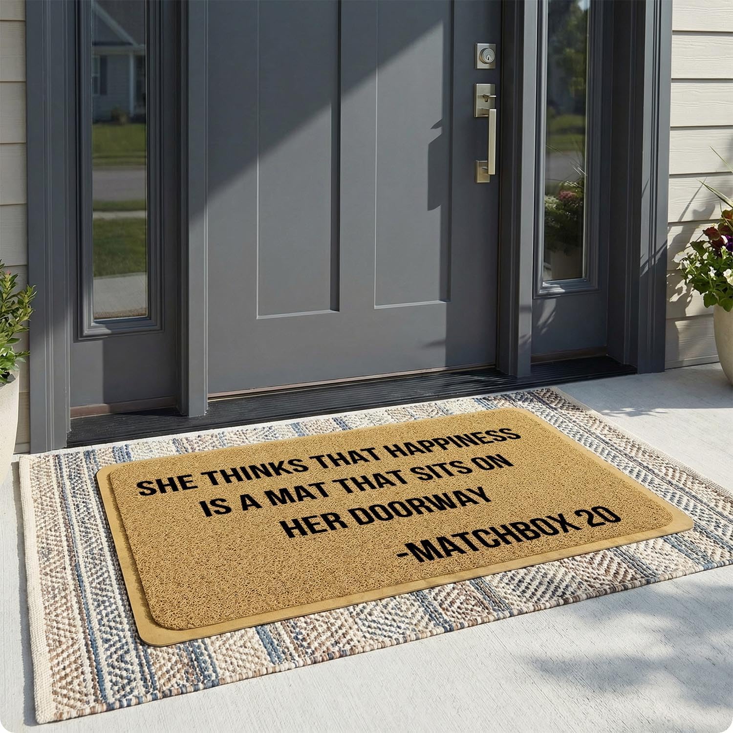 Funny Doormat for Entrance Way Indoor/Outdoor Front Door/Patio Anti-Slip & Heavy Weather Resistant Rugs House Warming Novelty Gift Mat 36"x24" (She Thinks that Happiness is a mat)