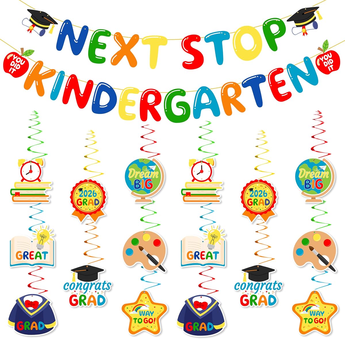 2026 Preschool & Kindergarten Graduation Decorations Set - 56pcs Next Stop Kindergarten Banner, Hanging Swirls, Graduate Banners for Classroom Party Photo Booth Decor