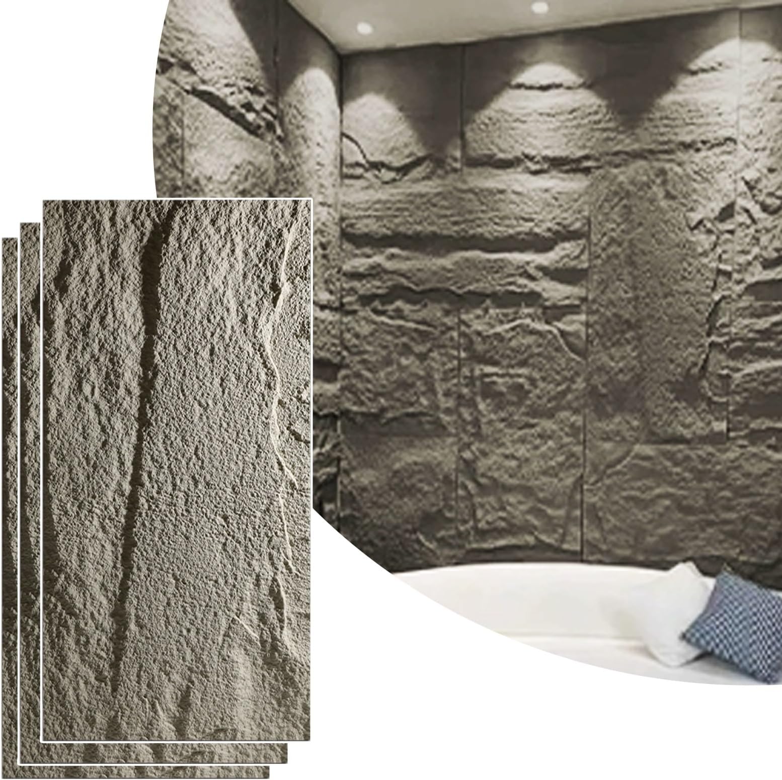 Faux Stone Wall Panel Exterior Interior, Waterproof PU Wall Covering Panels, 3D Wall Decor Paneling Wainscoting, Stacked Stone Siding Panel(Gray 1,3pcs)