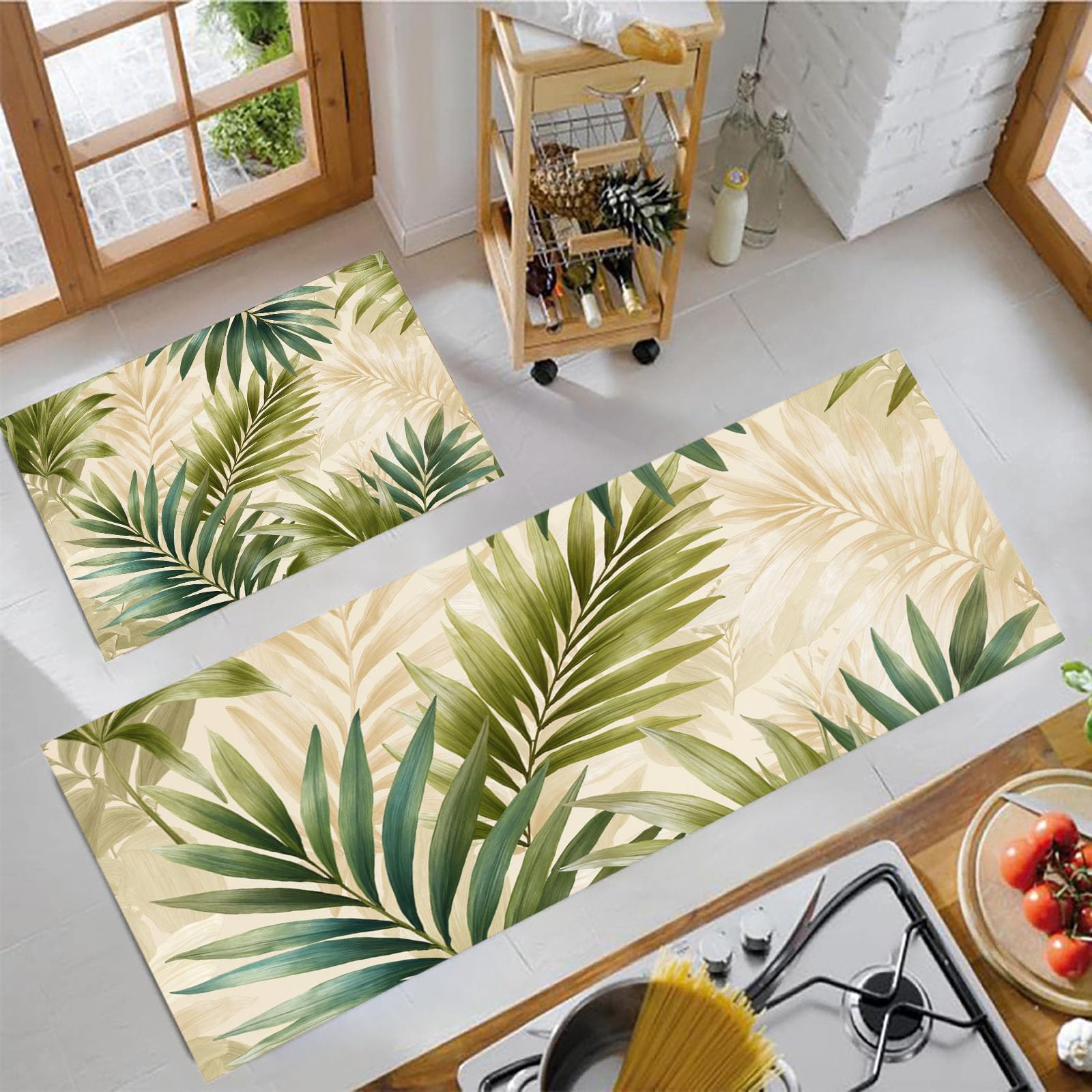 Alfombras de cocina lavables de palmeras de acuarela beige y tapete antideslizante juego de 2