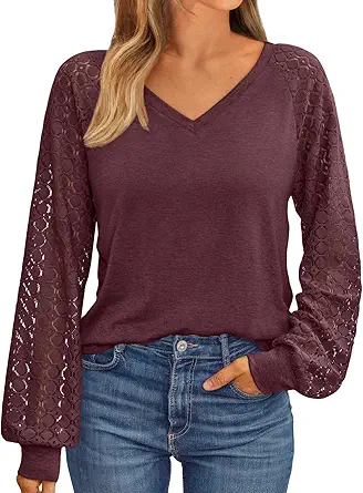 AUTOMET Womens Long Sleeve Shirts V-Neck Lace Tops Business Casual Blouses Tee Trendy 2025 Fall Fashion Outfits Clothes