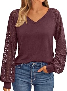 Womens Long Sleeve Shirts V-Neck Lace Tops Business Casual Blouses Tee Trendy 2026 Fall Fashion Outfits Clothes