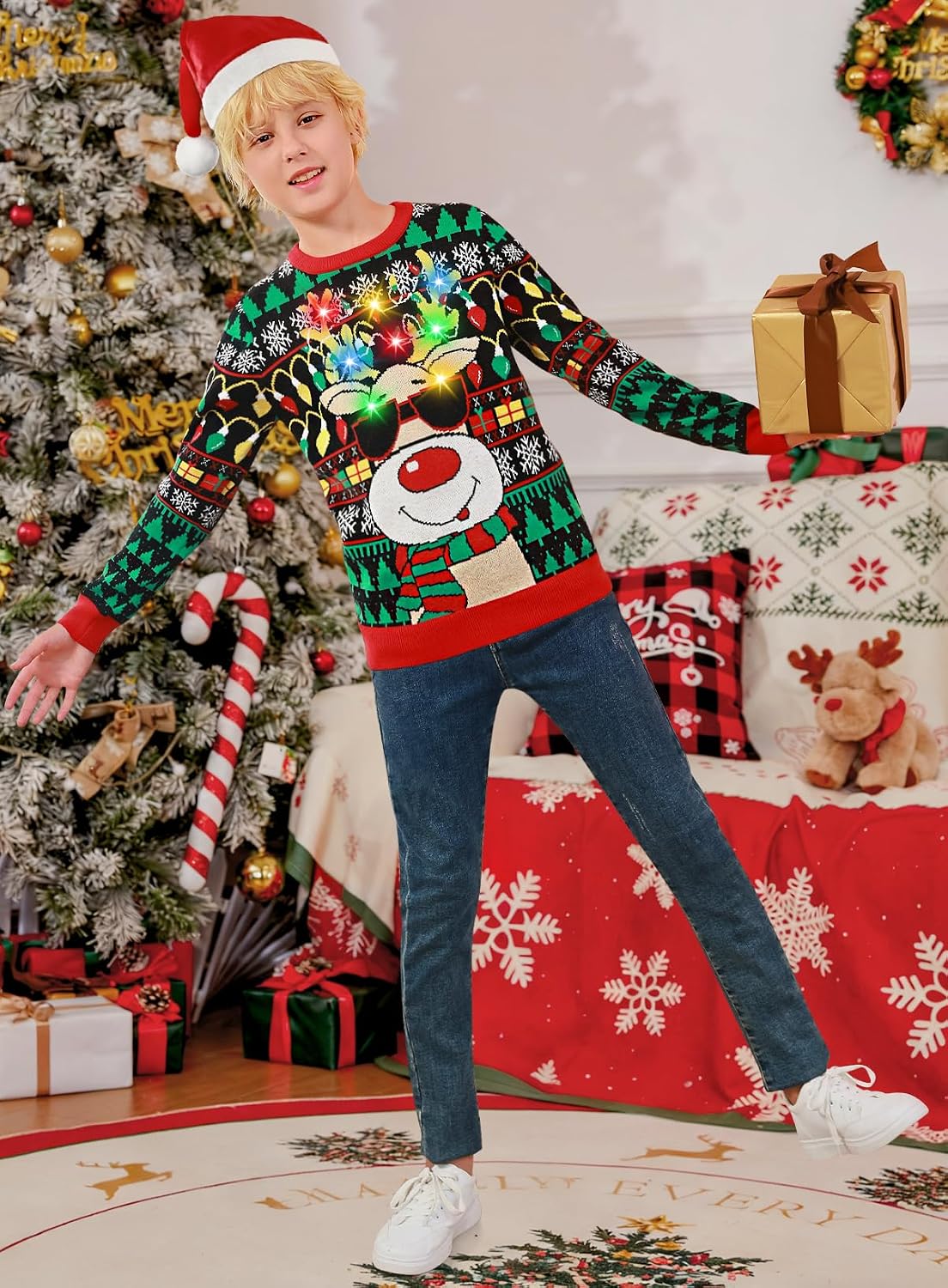 Boys Girls Ugly Christmas Sweater Kids LED Light Up Sweaters 13-14Y